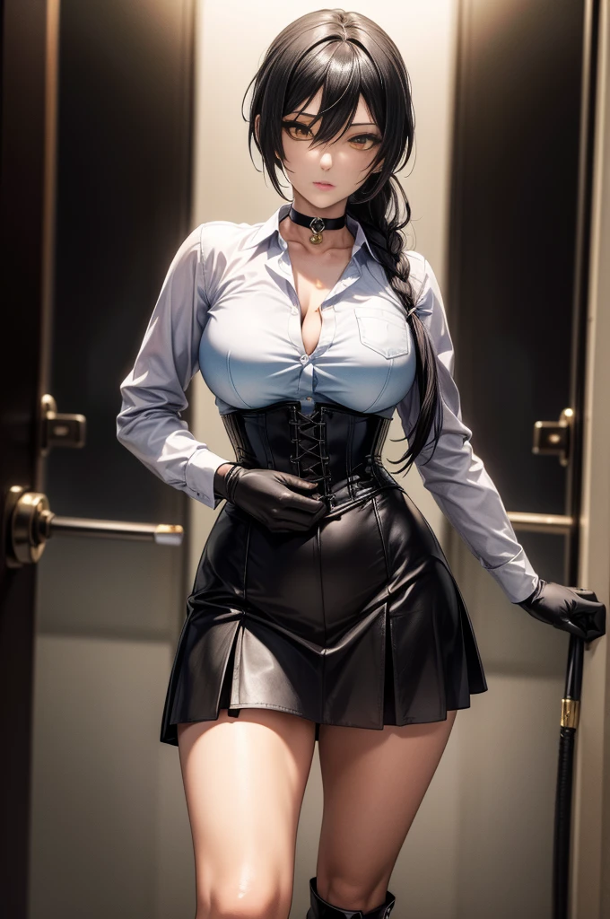 SFW, SLAVE FEMALE, Maid for sale. An African (very black skin) domestic worker for text "US dollar" full body, barefoot, standing straight symmetrical, huge boob(masterpiece, best quality:1.2), smirking smile, red blush, wet body, looking at viewer, hands on hips, twintails, twin drills, dress, blue pantyhose, striped pantyhose, Handcuffs on their hands, With a collar around the neck, slave catgirl ((black choker, chains, shackles on legs and armedroom background (bed, pillow, sheet)