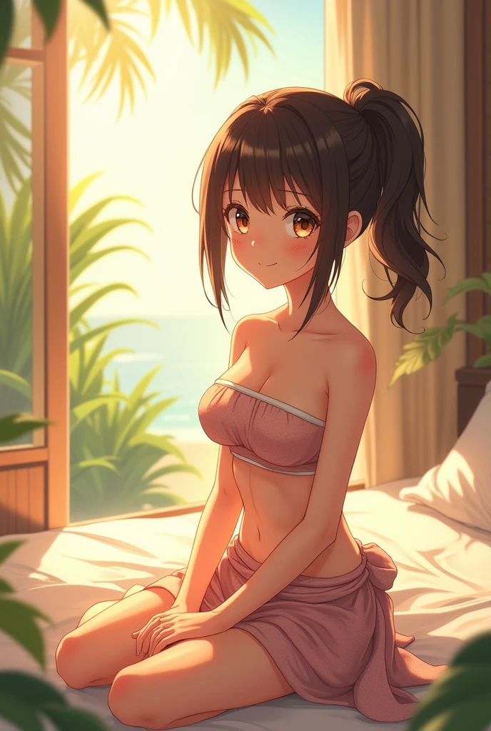 Sans un bikini bleu, regardant par la fenêtre, sourire joyeux