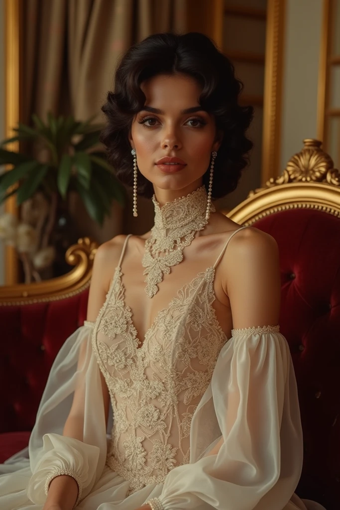 A sexy breathtaking pen and ink masterpiece, this fine art portrait captures the essence of a young 20-year-old girl seated gracefully on a richly upholstered leather chaise. She has heavy cleavage, Top-Down View, Her thoughtful gaze is framed by delicate floral arrangements, with vibrant blooms in full color contrasting against the intricate, elegant tapestry that drapes softly in the background. The attention to detail in the patterns of the fabric and the gentle curves of the chaise adds depth and sophistication, making this portrait a stunning representation of beauty and artistry.