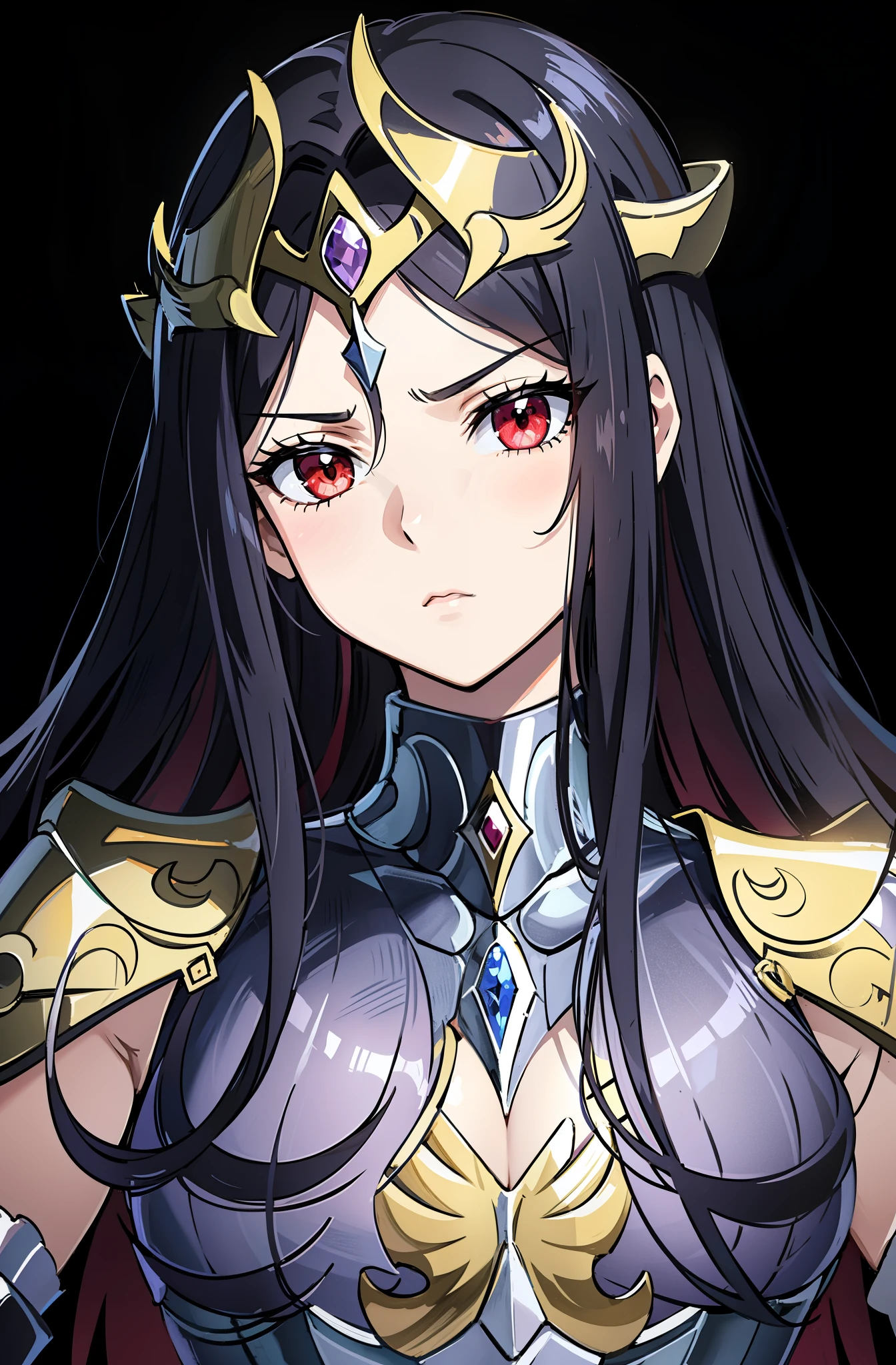 (high-quality, breathtaking),(expressive eyes, perfect face) 1girl, female, solo, adult woman, black color hair, red streaks in hair, crimson red eye color, long hair length, Symmetrical Eyes, portrait, halfbody, upper body, blank stare, gold shoulder pads, purple armor, breastplate, spectre armor, saint seiya inspired, evil queen vibe, cold expression, accessories, jewellery, half open eyes, saint seiyya god cloth