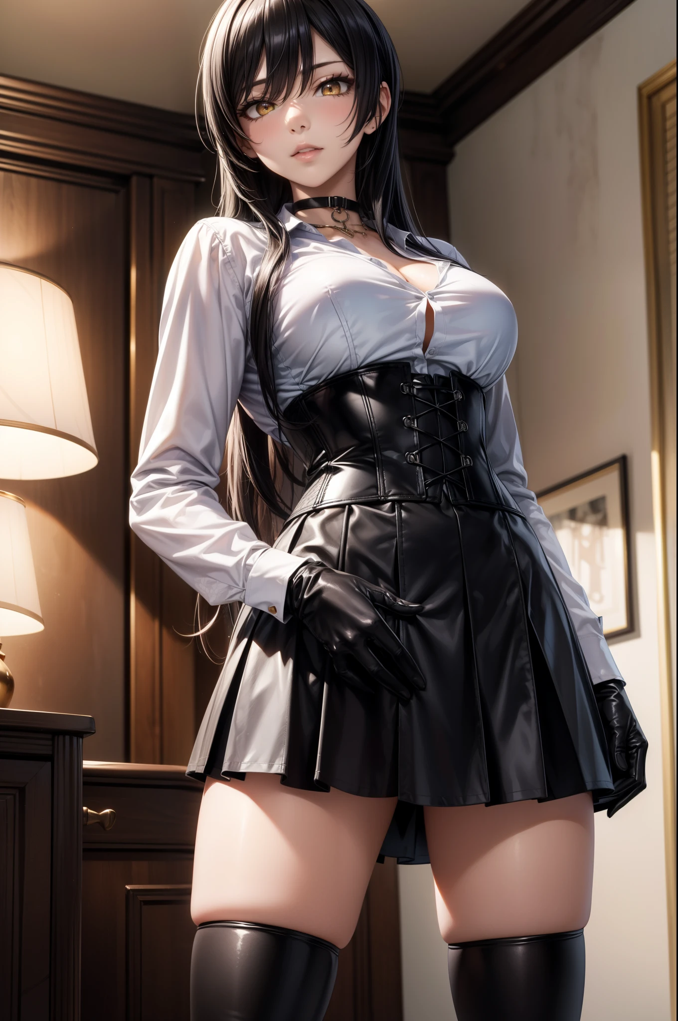 (Yaedef :1.4), 8K, highres, ultra detailed , (masterpiece:1.4), best quality, Sakuya Shirase, symmetrical body, sensual lips, perfect breasts , big breasts, slender legs , badass anime girl , bright clothes, beautiful, Alone, standing, pose sexy, dynamic view, tender look, long ponytail black hair, detailed face , detailed eyes , amber yellow eyes, choker :1.6, ( white collar shirt :1.4), long black gloves , (black leather corset), (( short black skirt )), black leather boots , elegant night room , darkness