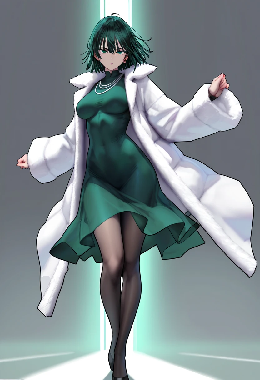 anime one punch man, characters, hellish fubuki, dark green hair, vivid and seductive expression, superlative great body proportion, wearing tight fit green dress, gorgeous white fur long coat, black pantyhose, iridescent manga various effects, professional and perfect composition, extremely delicate depiction, extremely clear image, bold and dynamic, contrasts of light and shadow, 2.5D, artistic photography, hyper realistic, ultra detailed, absolutely resolution, masterpiece