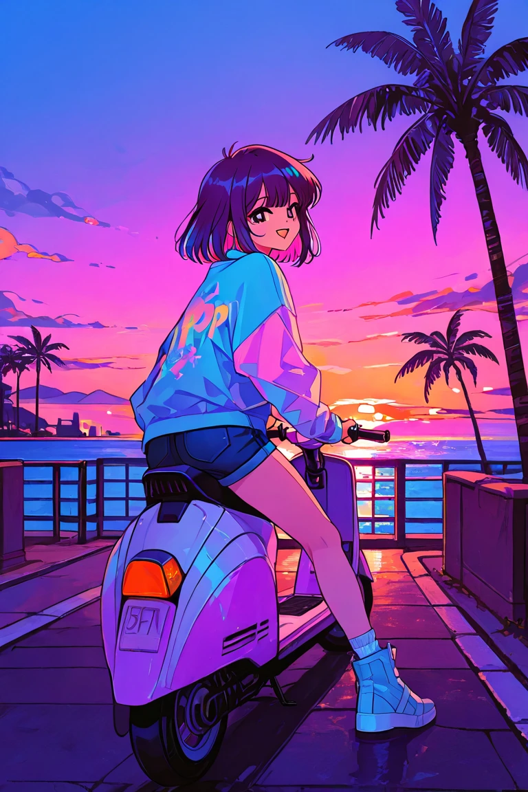  girl riding a scooter in casual fashion,Girl smiling mischievously on a street with palm trees , with a pink and blue sunset, style hybrid mix of Beeple, recusion Beeple, Beeple style, Retro wave vibe , Beeple art,  Spectacular Retrowave Art,  Miami Synthwave , Beeple!!, Beeple masterpiece, Beeple daily art,  90s city pop vibe on a street with palm trees