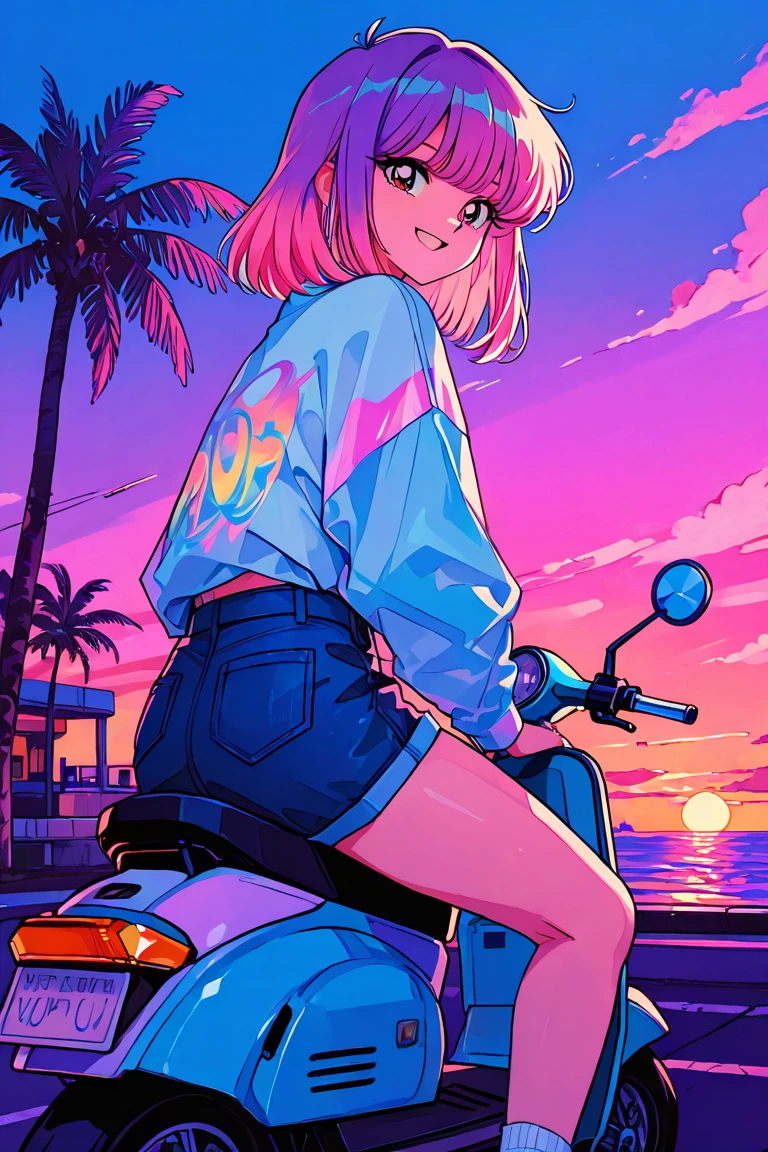  girl riding a scooter in casual fashion,Girl smiling mischievously on a street with palm trees , with a pink and blue sunset, style hybrid mix of Beeple, recusion Beeple, Beeple style, Retro wave vibe , Beeple art,  Spectacular Retrowave Art,  Miami Synthwave , Beeple!!, Beeple masterpiece, Beeple daily art,  90s city pop vibe on a street with palm trees