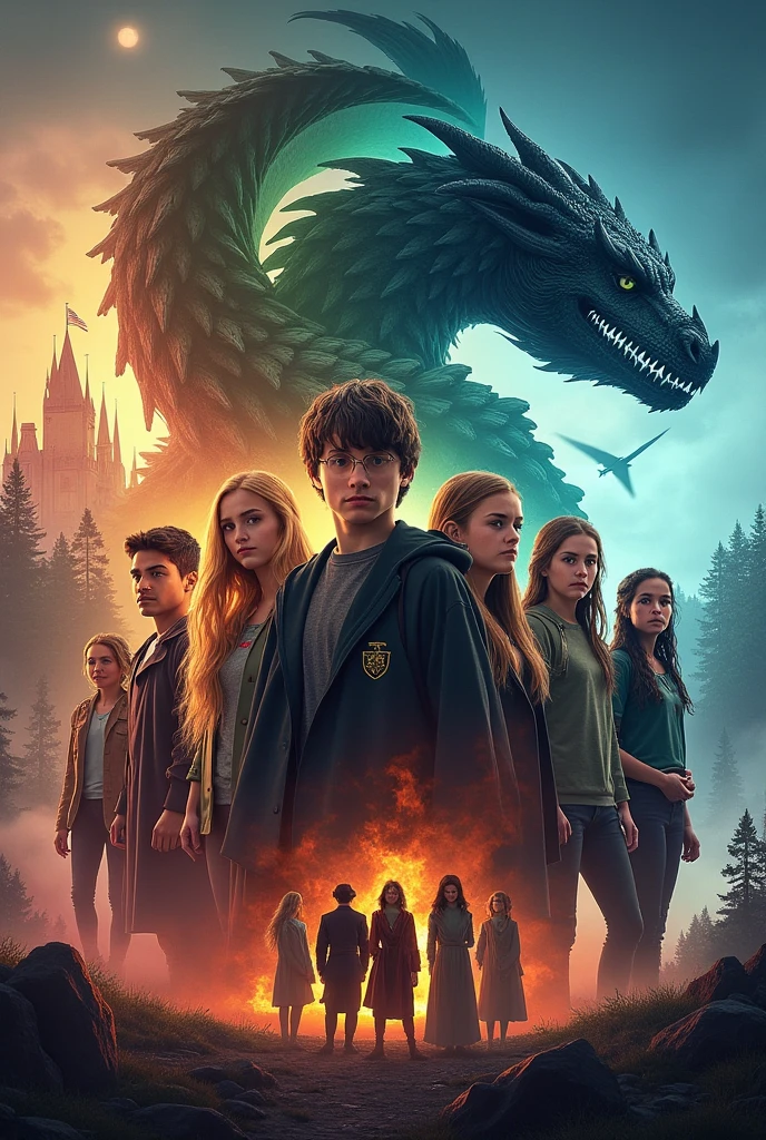 Create a sticker with white borders of a scene from the Harry Potter movie where 2 characters and a dragon appear, younger boy and older girl. In the background a dragon breathing fire at Hogwarts castle in high resolution with a blurred background, cinema image and hyper-realism with an emphasis on the dragon's eyes