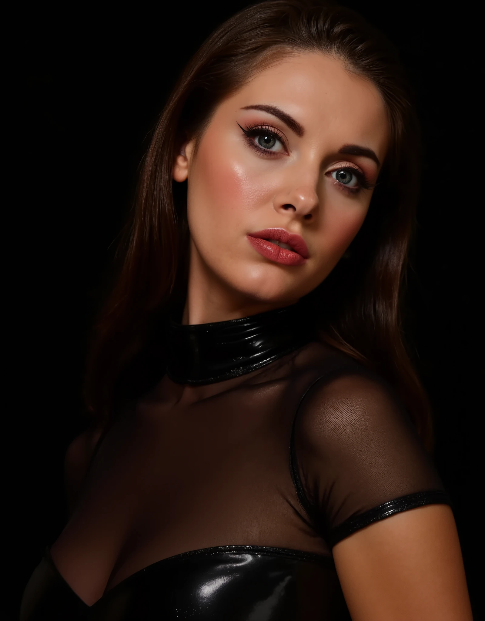 cute portrait of woman in a porn photoshoot, latex neck-entry catsuit, latex gimp, red lip gloss, thick eyeliner flicks, kinky latex, latex, shiny, eye contact, full lips, lip fillers, dark red lip gloss, shiny lips, glitter lips, latex choker