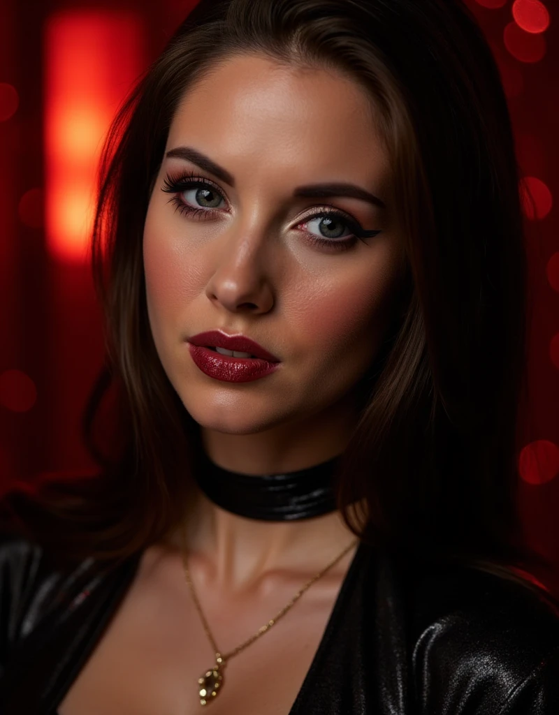 cute portrait of woman in a porn photoshoot, latex neck-entry catsuit, latex gimp, red lip gloss, thick eyeliner flicks, kinky latex, latex, shiny, eye contact, full lips, lip fillers, dark red lip gloss, shiny lips, glitter lips, latex choker