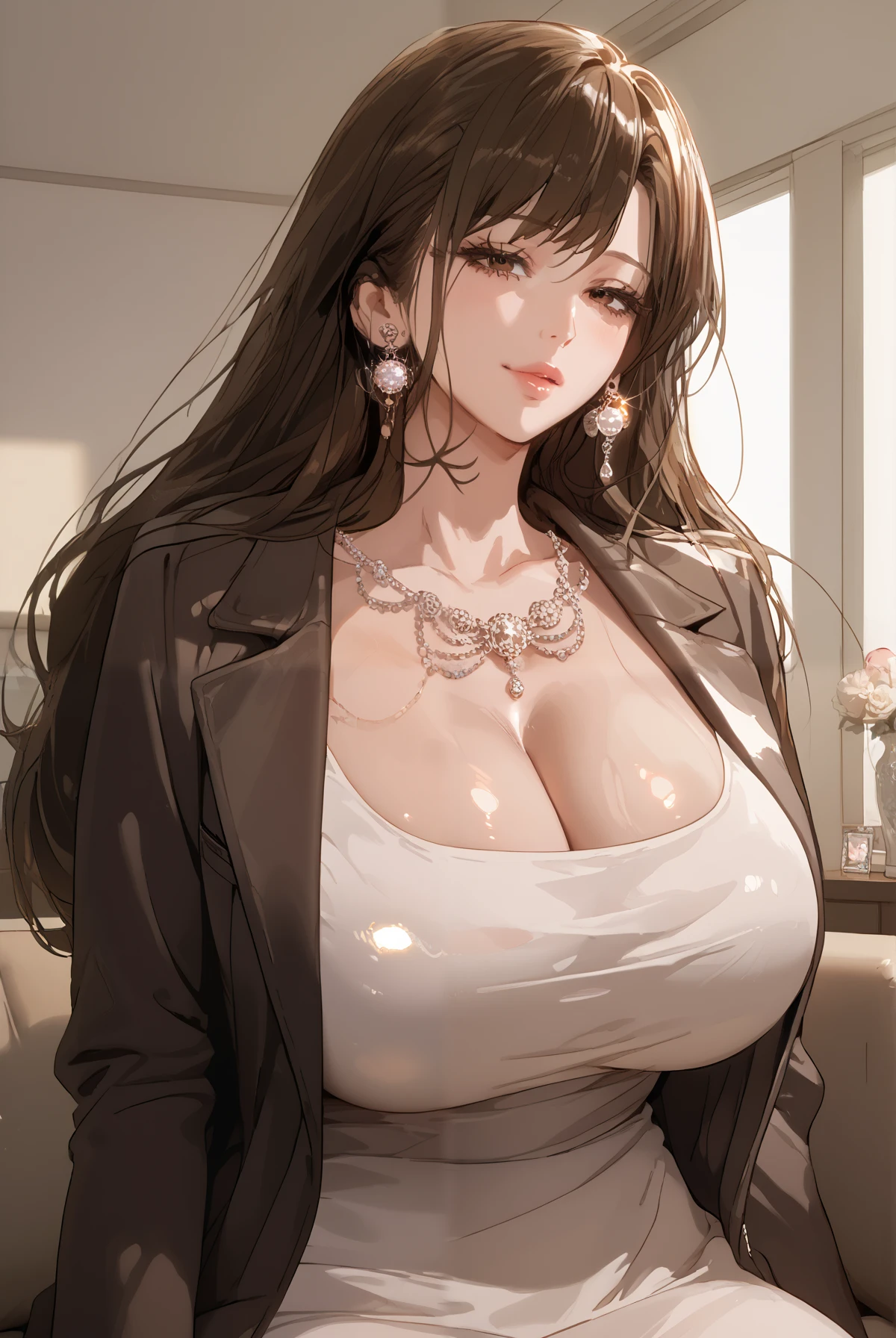 nsfw, score_9, score_8_up, score_7_up, source_anime,masterpiece, best quality, very aesthetic, absurdres,cinematic lighting,1girl, mature female,milf,indoors,shiny skin, sagawa,curvy breasts, huge breasts, hanging breasts, saggy breasts,spoken heart, mommy, brown eyes, brown hair, long hair, large breasts, white dress, earrings, jacket on shoulders, jewelry,