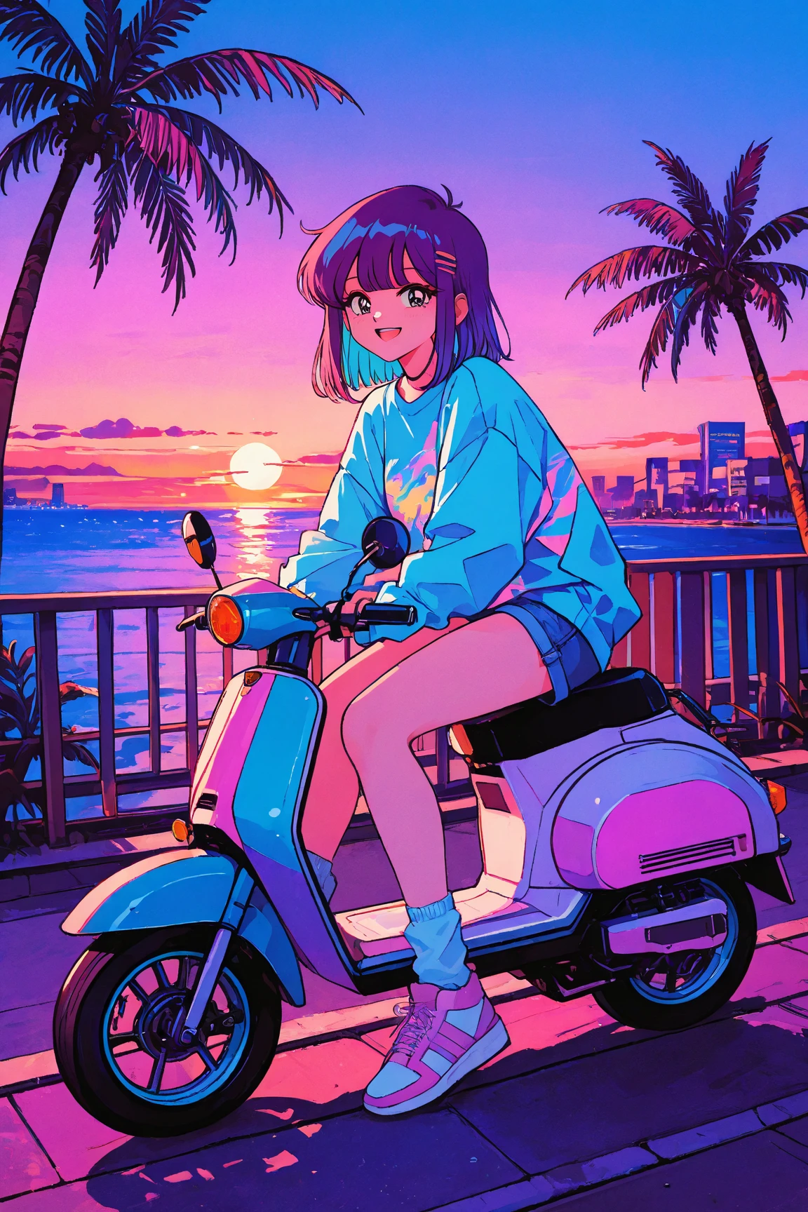  girl riding a scooter in casual fashion,Girl smiling mischievously on a street with palm trees , with a pink and blue sunset, style hybrid mix of Beeple, recusion Beeple, Beeple style, Retro wave vibe , Beeple art,  Spectacular Retrowave Art,  Miami Synthwave , Beeple!!, Beeple masterpiece, Beeple daily art,  90s city pop vibe on a street with palm trees