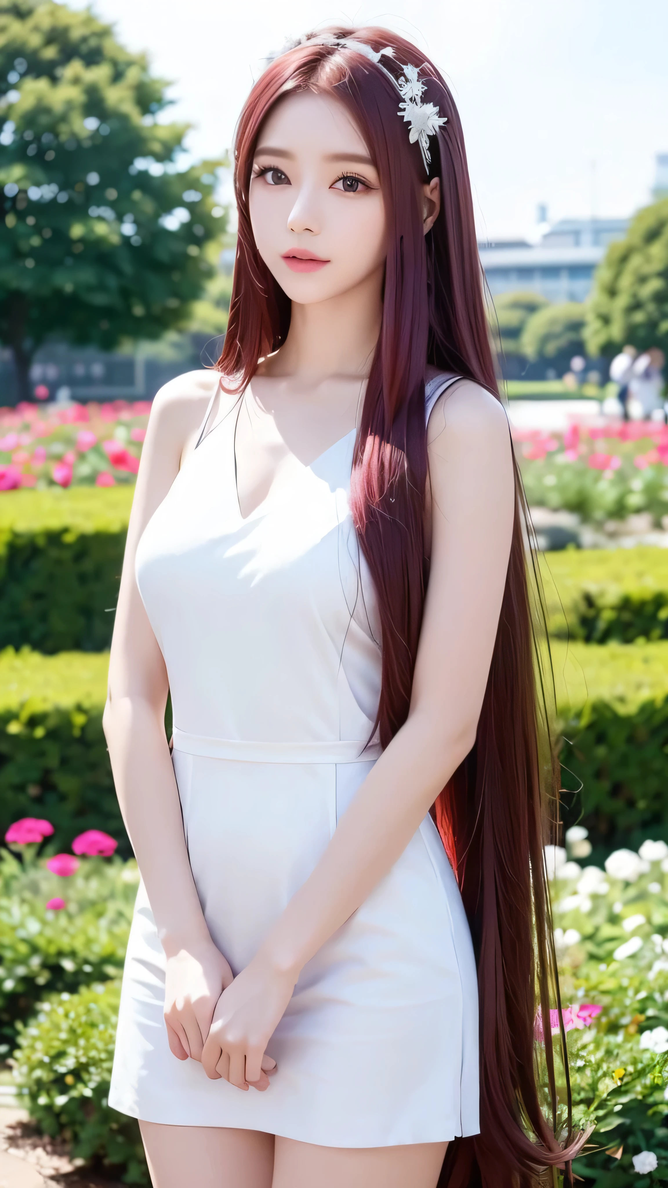  in high-definition images， white dress, cute hair band in a huge space,  maroon hair in the garden, Beauty, Tall, In a huge space ,  long hair,   clevis on a stone, Emotionless,   Details, whole body, Ball venue。