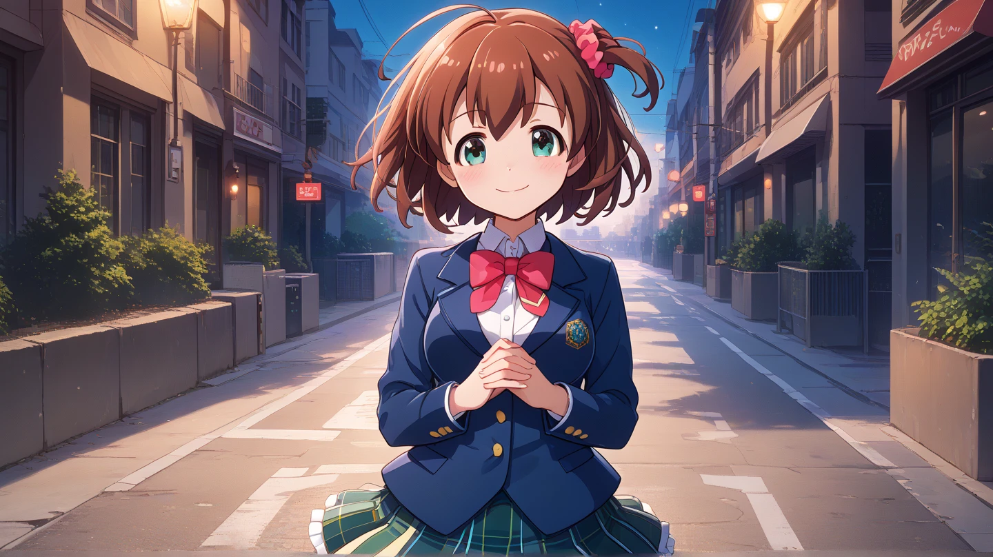 (masterpiece, best quality), highly detailed background, perfect lighting, best quality, batogamiki, solo, looking at viewer, blush, smile, brown hair, one side up, hair scrunchie, red scrunchie, ahoge, hair between eyes, bangs, short hair, closed eyes, medium breasts, blue jacket, blazer, red bowtie, white shirt, long sleeves, green skirt, plaid skirt, school uniform, standing, own hands together, outdoors, Los Angeles (city), road, night,