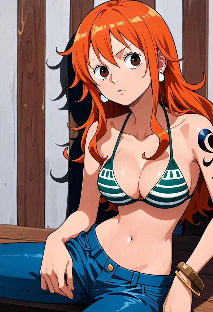 aanami, long hair, orange hair, earrings, brown eyes, shoulder tattoo, breasts, collarbone, bare shoulders, cleavage, bikini top only, striped bikini, green bikini, bracelet, jeans, blue pants