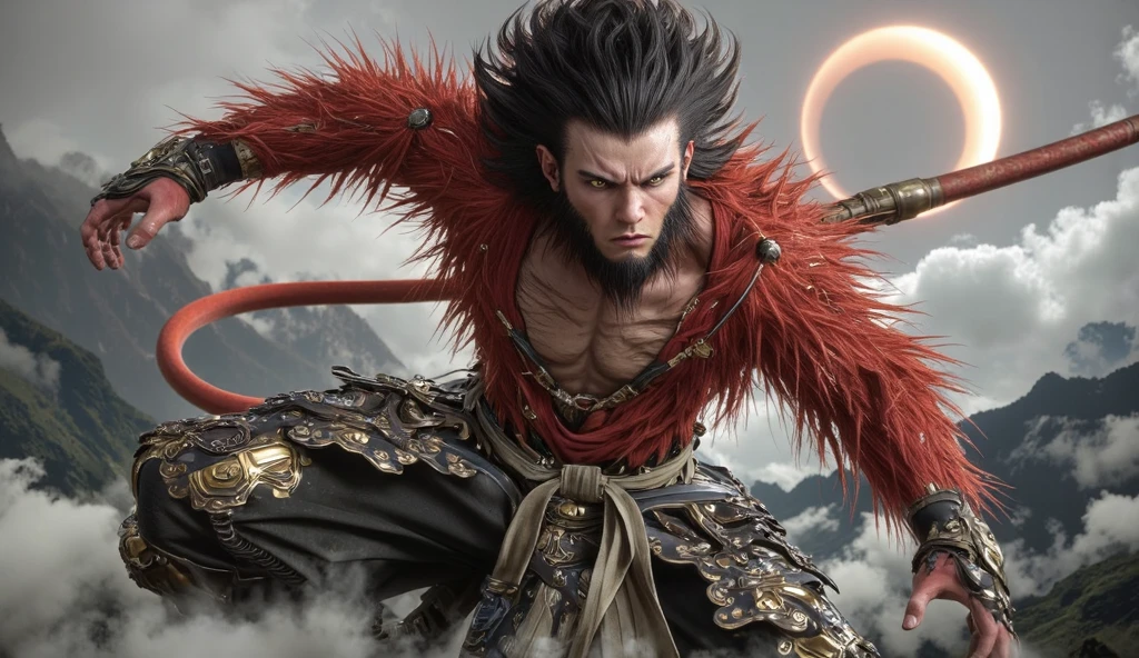 realistic, young handsome man, Dazzling Warrior,  Attractive character ,  inspired by the design of super sayajin 4 ,  inspired by Dragon Ball z , inspired by the monkey king, hairy fair-skinned man , half animal, HAIRLESS FACE, no beard,  no hair on the face,  ordinary human face , red coat on the body,  lightly tanned skin, shirtless, without shirt,  without clothes on top of his body, muscular, shape em V,  shoulder-length hair,  wavy black hair ,  lots of red hair on the body,  lots of hair on the arms ,  dark spiked hair , voluminous hair, hairy red tail , red tail, monkey tail,  normal human hands ,  bright yellow eyes , realistic, detailed, large and strong chest,  red staff hanging from its back,  staff tied around the back ,  oriental style pants with metal and gold parts,  black wristbands ,  cloth band around the waist, cloth wristband , dynamic pose, voando entre as clouds, stepping on clouds ,  feet away from the ground , Without touching the ground . mountain background, clouds, wind, trees, orange sun