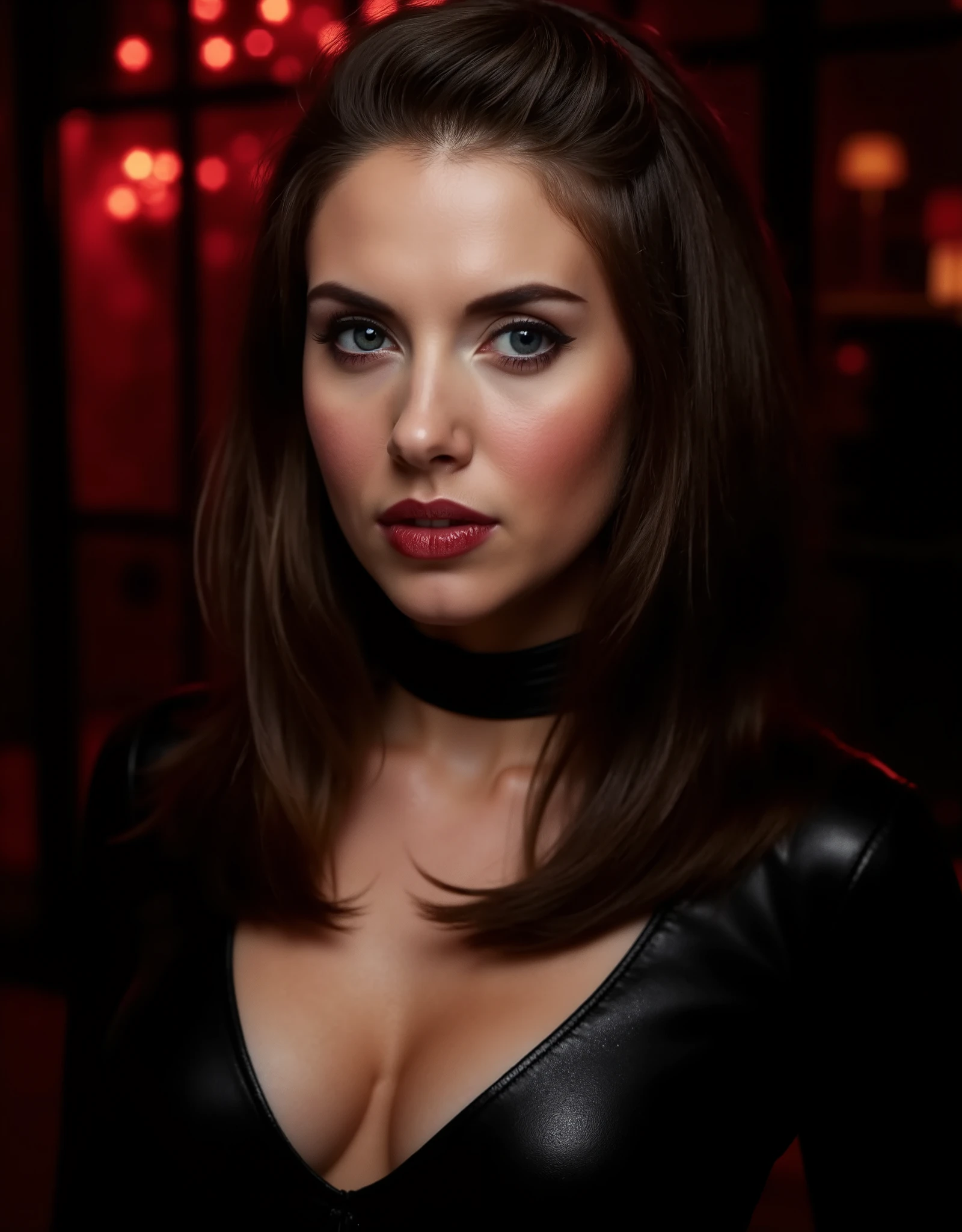 cute portrait of woman in a porn photoshoot, latex neck-entry catsuit, latex gimp, red lip gloss, thick eyeliner flicks, kinky latex, latex, shiny, eye contact, full lips, lip fillers, dark red lip gloss, shiny lips, glitter lips, latex choker