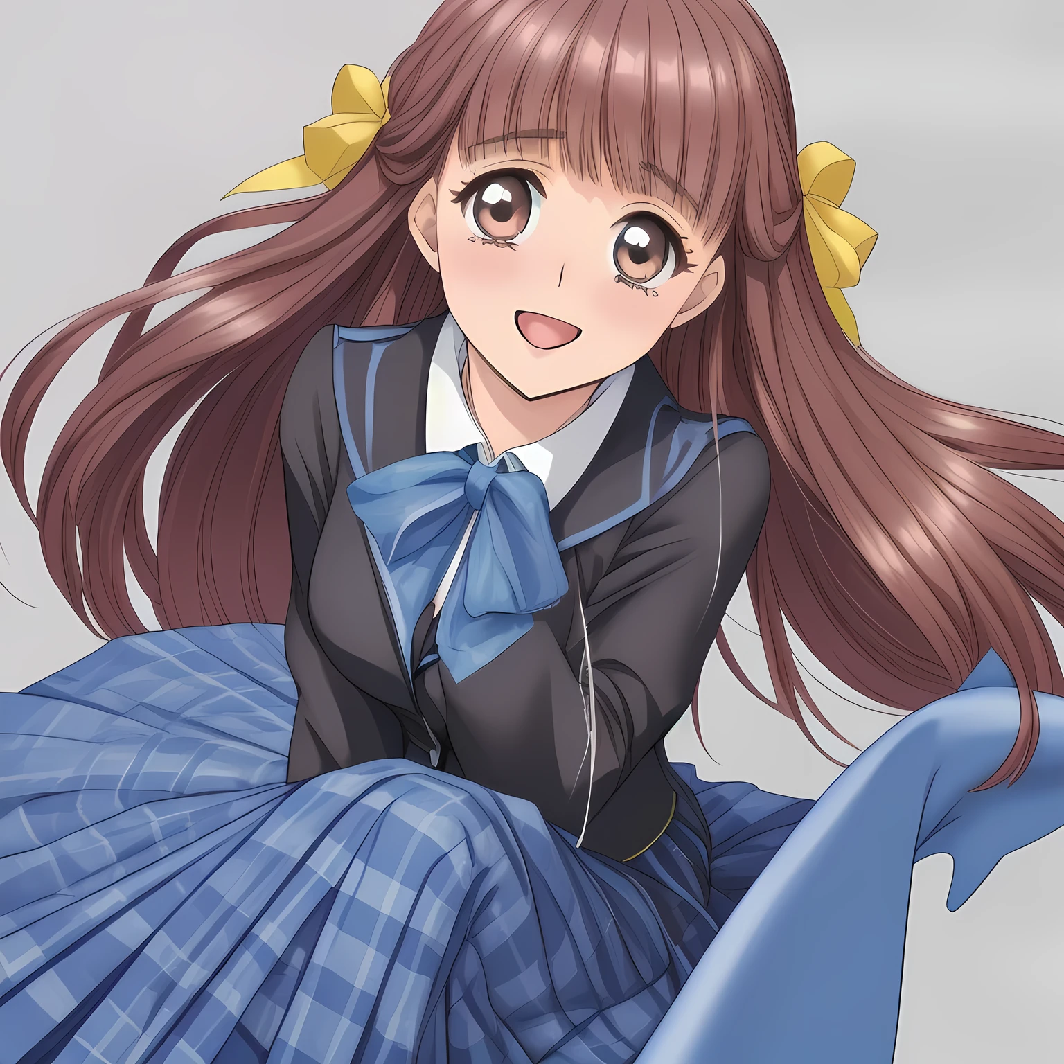 (highest quality, masterpiece: 1.6), (Mind-melting picture: 2.0), (Too beautiful intelligent girls is melting me with both beautiful hands and tongue like hypnosis, looking at me and laughing at me with their pretty open mouth and mind-melting smile, lean her back deeply, can't stop giggling of pleasure melting mind, Too Beautiful noble 15yo beautiful anime noble heroines, beautiful giggling noble elegant 15yo neat anime heroines wares realistic dark-blue school blazer and dark blue tartan-check pleats school skirt with metallic luster, inviting me into deep harem of siren and succubi, Noble Elegant uniform, grasping candles: 1.5), (white white white frilled blouse, with pretty shiny large blue-ribbons made of polyester on the breast and sleeves: 1.2), (Anime-heroine's girly noble laughing giggling brown eyes, the eyes shines and has strong effect of allusion to the viewer: 1.6), (Realistic Charming neat dark-blue very-neat well-pleated long dark-blue checkered glossy expensive plaid school skirt made of metallic-luster-blue-wool: 1.6), (sky-blue background with white heart figured clouds: 1.7), (Eyes, face and hair are especially beautifully detailed and beautifully drawn: 1.5), (Girl whom everyone loves because of her beauty and lovely fashion and noble manner and magic-charm like succubus: 1.0), (Very beautiful, wavy, cutely super-super-long straight gorgeous rich dark black hair like hair model, with elegant big yellow hair ribbons: 1.3), (beautiful black hair: 1.5), (Perfect mature body style like a fashion model), (The viewer's whole mind become white and melt down completely broken and become crazy feeling dripping down on her: 1.5), ((whole body shot, with legs and girly loaders:1.2 )), ((Light and clearly-detailed well-contrasted neat mind-melting atmosphere foreground, to invite the viewer to the darkness world of pleasure: 1.6)), (plain black background: 1.6)