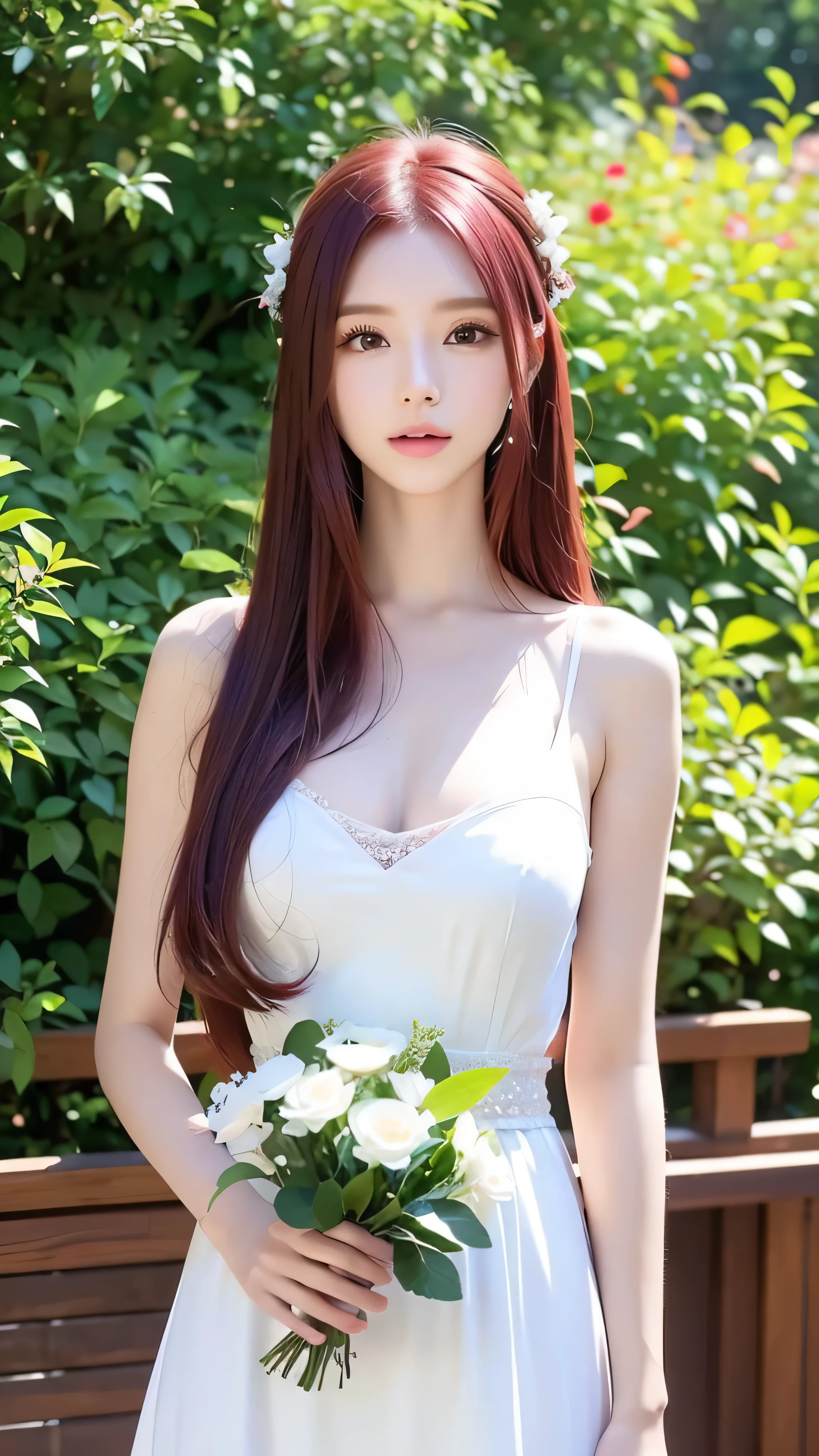  in high-definition images， white dress, cute hair band in a huge space,  maroon hair in the garden, Beauty, Tall, In a huge space ,  long hair,   clevis on a stone, Emotionless,   Details, whole body, Ball venue。