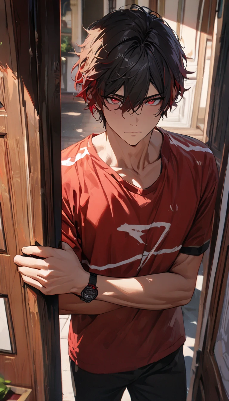 ((( absurd,  high res,  ultra detail,  high res,  masterpieces at the front door of the house,  top quality ,  very detailed, Features, Noise Reduction))), 1 person, 20-year-old male,  sexy man,  handsome, ((( short hair with shadows))),  black hair, (( Highlight Hair ,  red muscle hair  )),  red eyes, beautiful detailed eyes, bangs,  hair between eyes ,  arm-crossed,  Watch Viewers ,  upper body, men's clothing,
