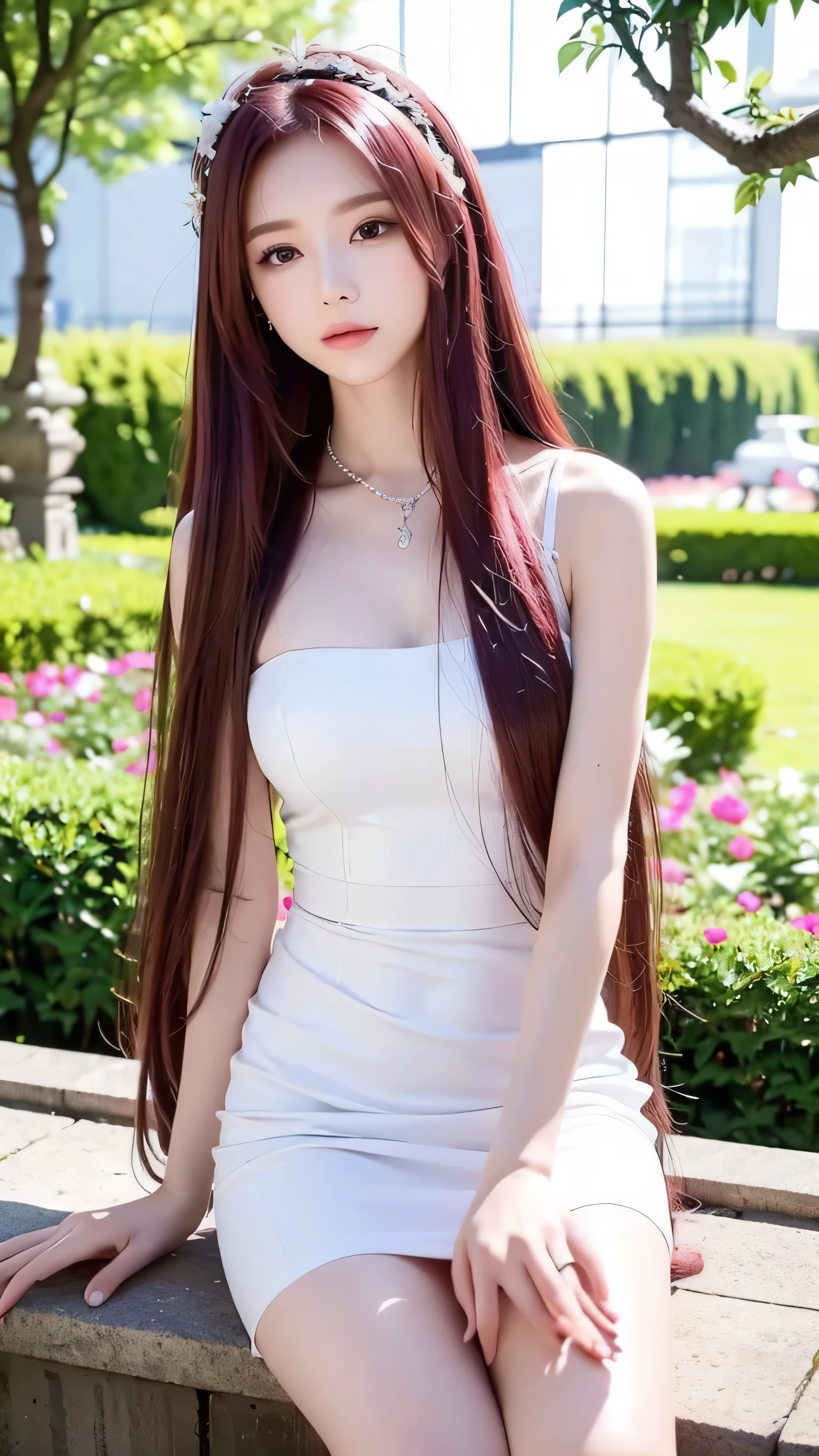  in high-definition images， white dress, cute hair band in a huge space,  maroon hair in the garden, Beauty, Tall, In a huge space ,  long hair,   clevis on a stone, Emotionless,   Details, whole body, Ball venue。