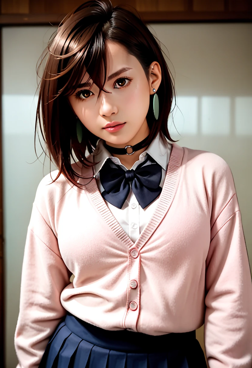 extremely high quality photo, Momo Ayase, sharp focus, realistic, source_photo, proper alignment, young Japanese model, glamorous, sexy, seductive, portrait, detailed face, medium hair, brown hair, brown eyes, large breasts, chocker, choker, red bowtie, (pink cardigan:1.2), long cardigan, long sleeves, blue skirt, pleated skirt, school uniform, short skirt, earrings, loose socks, white socks