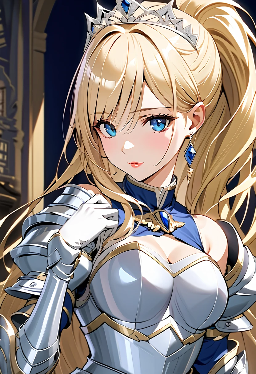 ((masterpiece)),  top quality ,  very detailed,( one girl), Celia Kumani Aintree long hair,  blondes,   hair accessories, Elf Ears, Blue Eyes,  ponytail,  hair tube,  dress, Dark Blue,  dress,  gloves, [Bare shoulders,   jewelry,  clevis on a stone,  princess, elbow  gloves, tiara ,brooch,white  gloves、 adult female 、thin、 very beautiful、 beautiful faces、(((Blue and silver armor、breastplate、 shiny armor:1.2)))、 gold earrings、Golden Hair, Blue Eyes,  pink lips,  shot by a cowboy 