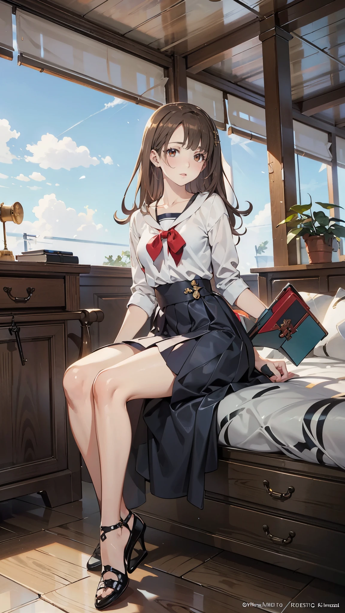 anime - style illustration of a woman in a high school outfit, video game character, official character art, trending on cgstation, e-girl, e - girl, cushart krenz key art feminine, full body, female action anime girl, sitting