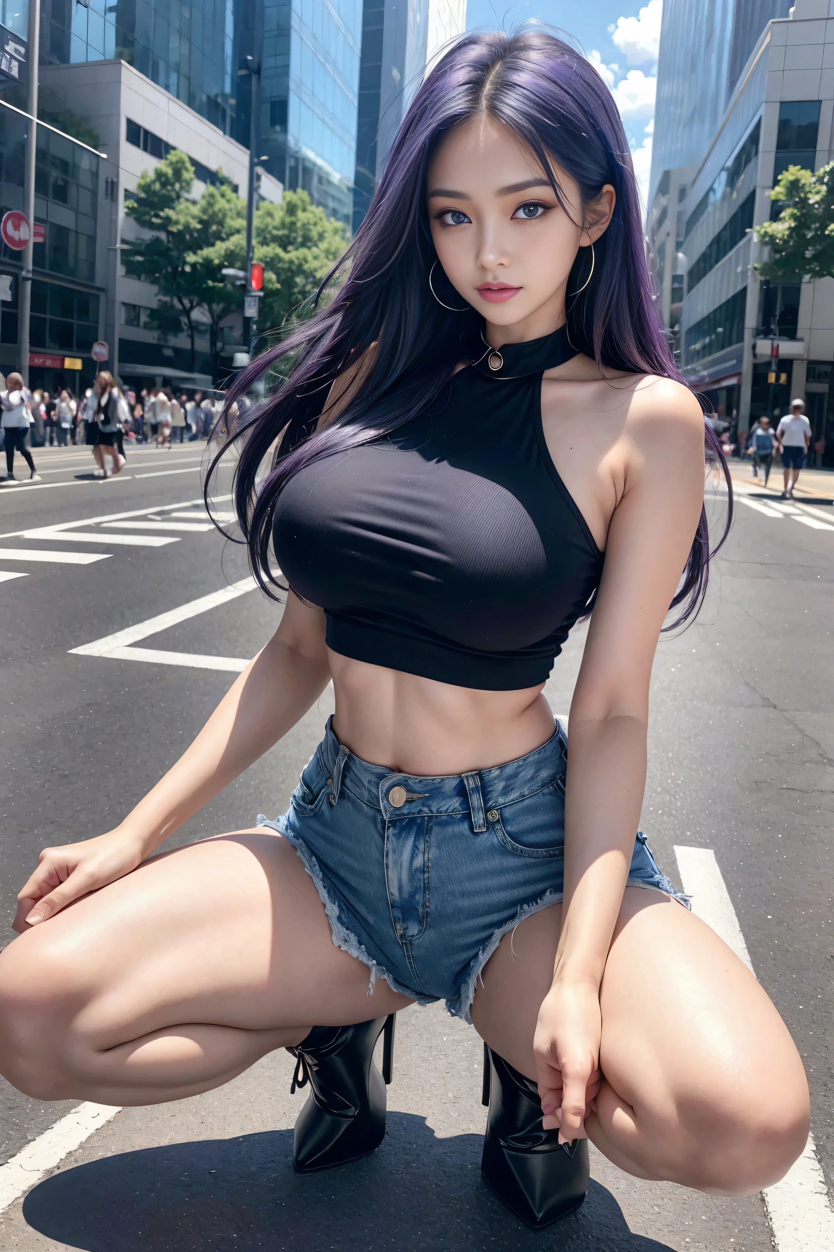 1 girl,  K-pop idol ， big blue eyes , Double eyelids长睫毛，Sexy plump lips，(Smile:0.8), (In the name of Mina), wide hips, tetas Large targets, Large target, ( Best Quality , 8k, masterpiece: 1.3), Perfect hands,  clear focus: 1.2, Perfect body beauty: 1.4, Slim Abs: 1.2,  detailed facial features {x}  Sexy Woman {x} highly detailed facial and skin textures,  big blue eyes , Double eyelids, (Straight dark purple hair), (Black collar T-shirt), (denim shorts :1.1), ( heels :1.3), （Sexy long legs：1.5），（Thigh gap：1.5），Wide hips，S-Shaped Body，Vest line， Hips lifted，permanent,  dynamic posture,  background Tokyo Shibuya Crossing ，Large aperture。