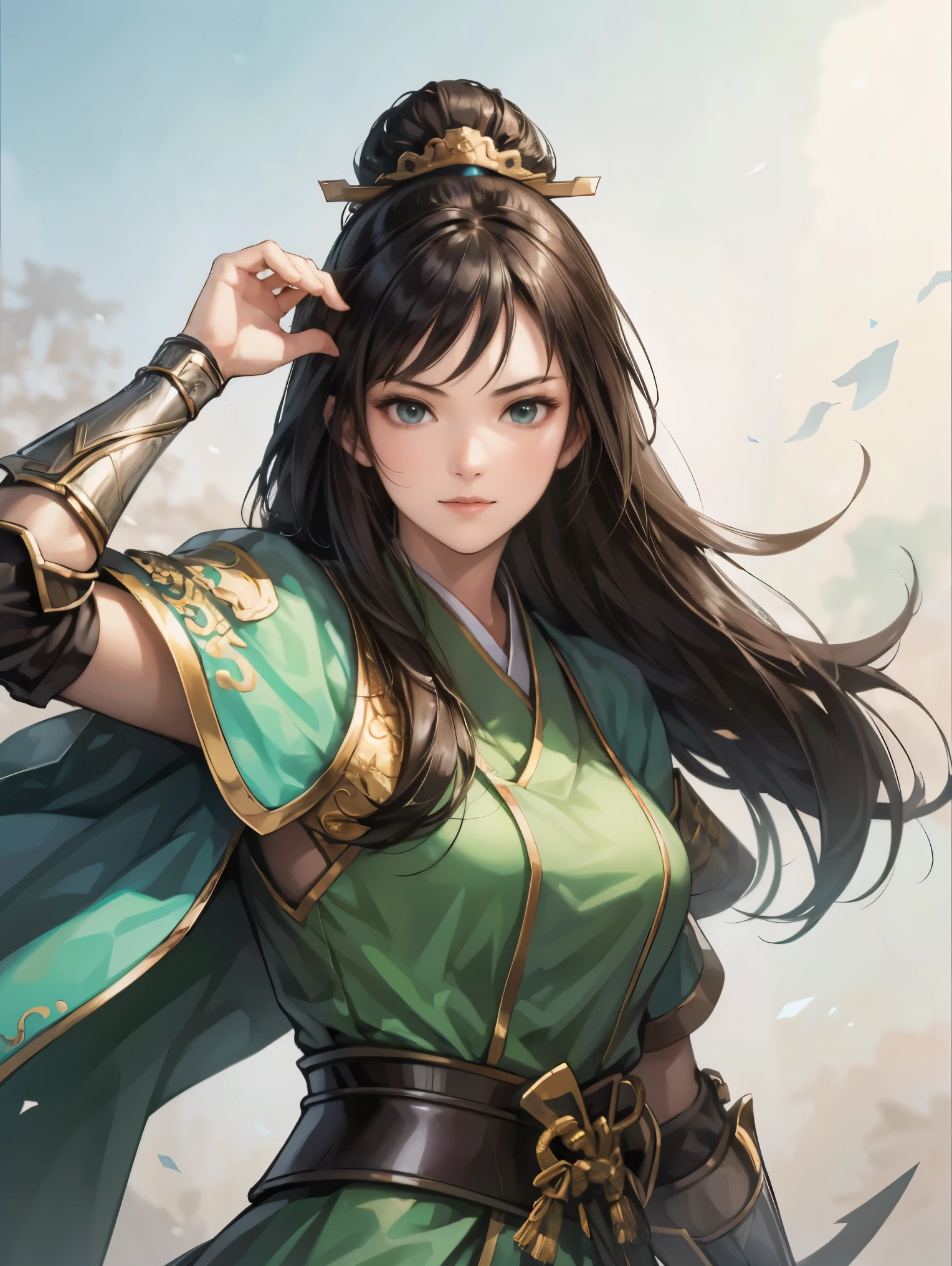 beautiful woman with dark hair :1.3, Stunning Character Art , Hanfu,(( pure white background)), ( top quality ), handsome,Beautiful female knight, 2. 5D CGI fantasy artwork, detailed digital art , Very nice work of art, fan Art Best Art Station, ( green cloak ),(warrior:1.2) are expressionless, accurately drawn hands 、 I'm putting my hands on my lower back, with little pubic hair、Chinese Armor,From the waist up、One woman、 Faint Smile 、White space above the head,masterpiece, Perfect picture, Realistic Drawing , The chest part of the armor is wide open 、 Her Breasts Are Exposed 、 has spears