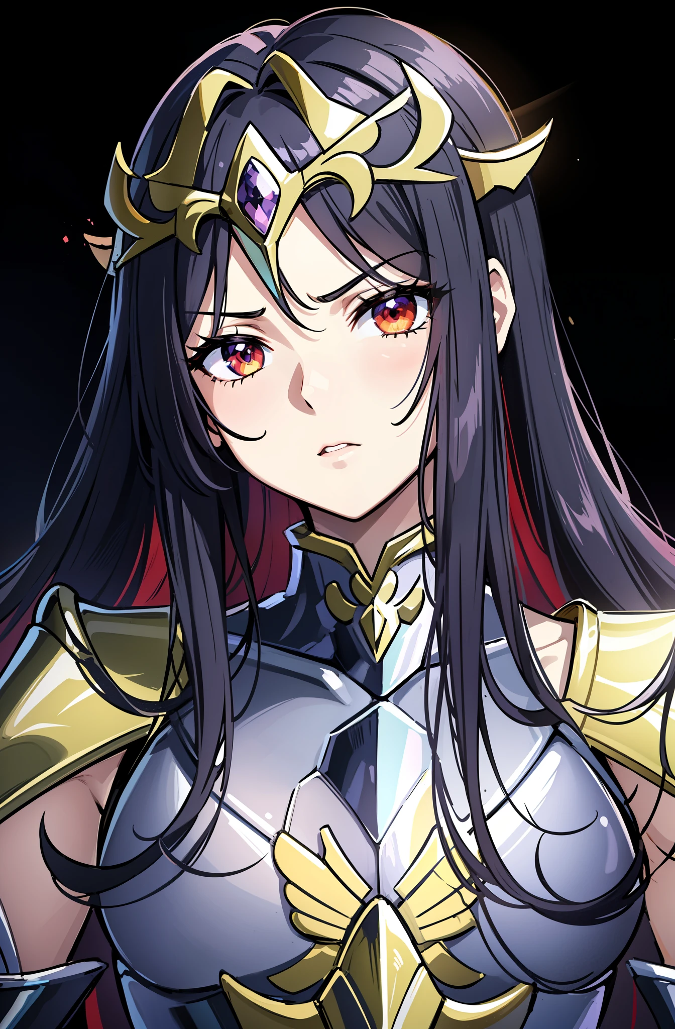 (high-quality, breathtaking),(expressive eyes, perfect face) 1girl, female, solo, adult woman, black color hair, red streaks in hair, crimson red eye color, long hair length, Symmetrical Eyes, portrait, halfbody, upper body, blank stare, gold shoulder pads, purple armor, breastplate, spectre armor, saint seiya inspired, evil queen vibe, cold expression, accessories, jewellery, half open eyes, saint seiya god cloth
