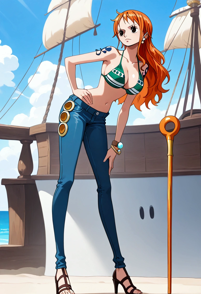 jewelry, swimsuit, bikini, earrings, pants, high heels, bracelet, denim, bikini top only, jeans, tattoo, orange hair, masterpiece, one piece nami,aanami ,,,stands confidently at the helm of a pirate ship, her weather staff glowing with electric energy as storm clouds gather around her.