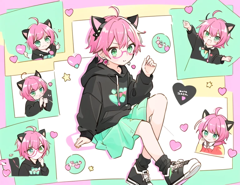 cartoon_stickers, masterpiece, best quality, solo, 1boy, short hair, pink hair, stud earrings, blushing, short pink skirt, black hoodie, short white socks, black sneakers, cat ears and cat tail, thin round glasses, cute boy, green eyes