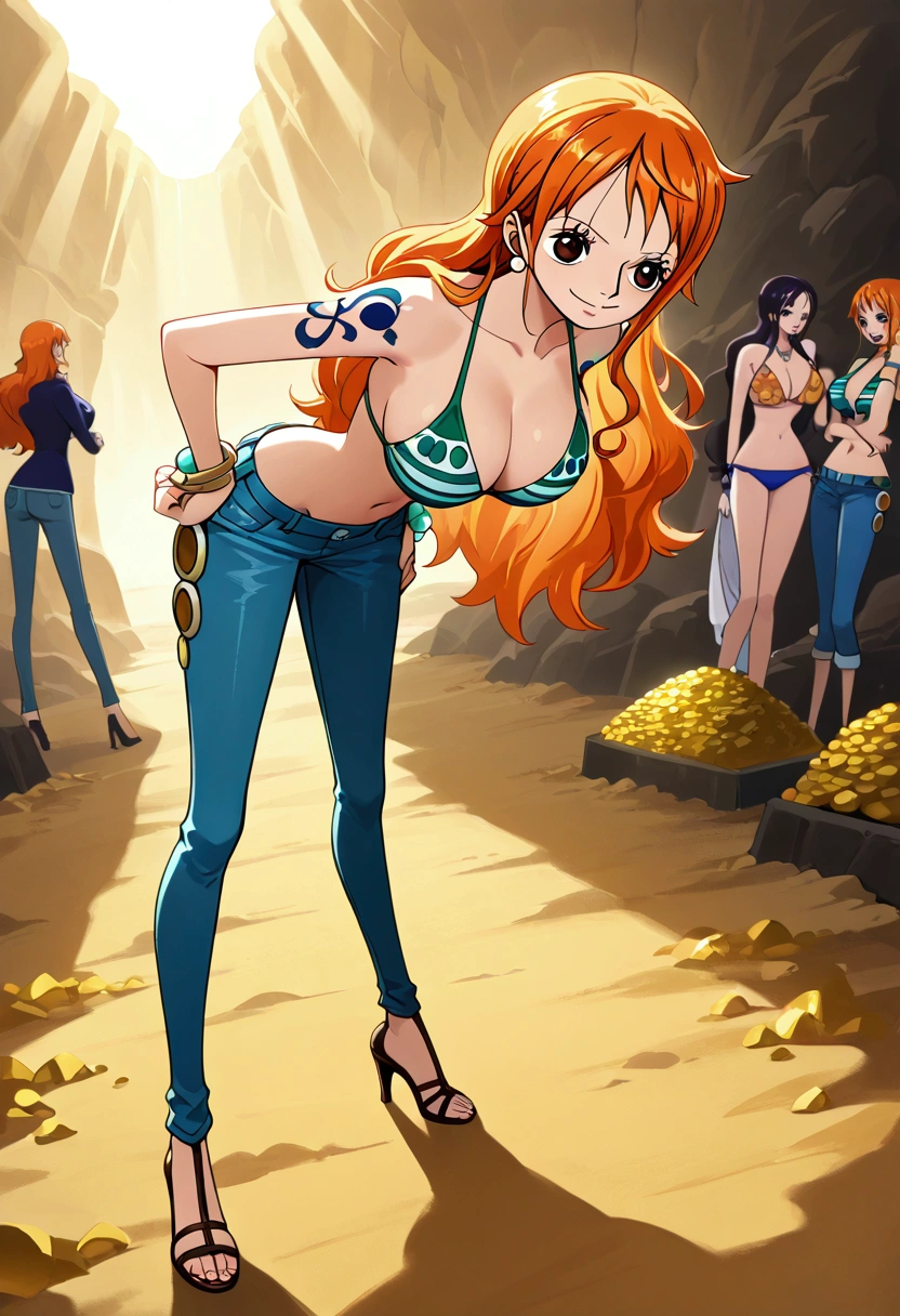 jewelry, swimsuit, bikini, earrings, pants, high heels, bracelet, denim, bikini top only, jeans, tattoo, orange hair, masterpiece, one piece nami,aanami ,,, is seen surrounded by piles of gold and jewels in a treasure cave. Her mischievous smile shows her satisfaction at finding the hidden fortune.