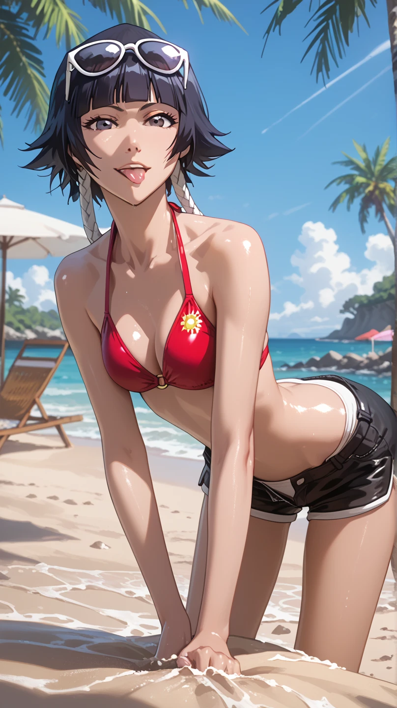 girl similar to gorillaz noodle, black short hair ((drawing)), ((anime girl nose)),"Create an image of a woman lying on a red beach towel, seen from above, sunbathing on the sand of a beach. Make sure the scene shows a bright, sunny day with a clear blue sky and the ocean visible in the background. The woman should look relaxed and content, with the red towel standing out against the golden sand. The overall atmosphere should be calm and summery."