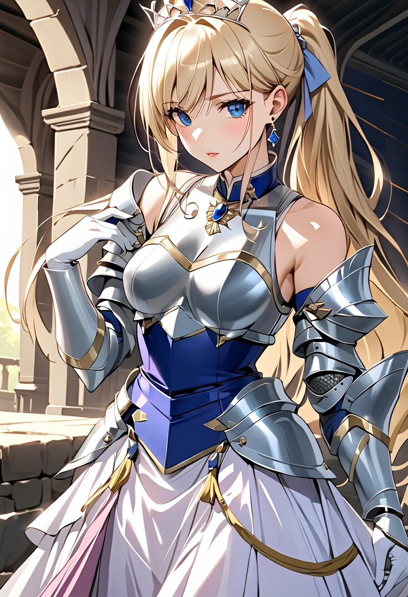 ((masterpiece)),  top quality ,  very detailed,( one girl), Knight Princess , Celia Kumani Aintree long hair,  blondes,   hair accessories, Blue Eyes,  ponytail,  hair tube,  dress, Dark Blue,  dress,  gloves, [Bare shoulders,   jewelry,  clevis on a stone,  princess, elbow  gloves, tiara ,brooch,white  gloves、 adult female 、thin、 very beautiful、 beautiful faces、(((Blue and silver armor、breastplate、 shiny armor:1.2)))、 gold earrings、Golden Hair, Blue Eyes,  pink lips,  shot by a cowboy 