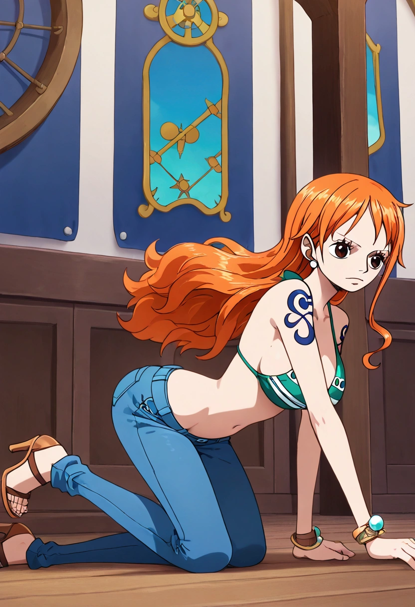 jewelry, swimsuit, bikini, earrings, pants, high heels, bracelet, denim, bikini top only, jeans, tattoo, orange hair, masterpiece, one piece nami,aanami ,,, examines a magical map, her orange hair flowing in the sea breeze, as she plans her next adventure with her crew aboard a majestic ship.