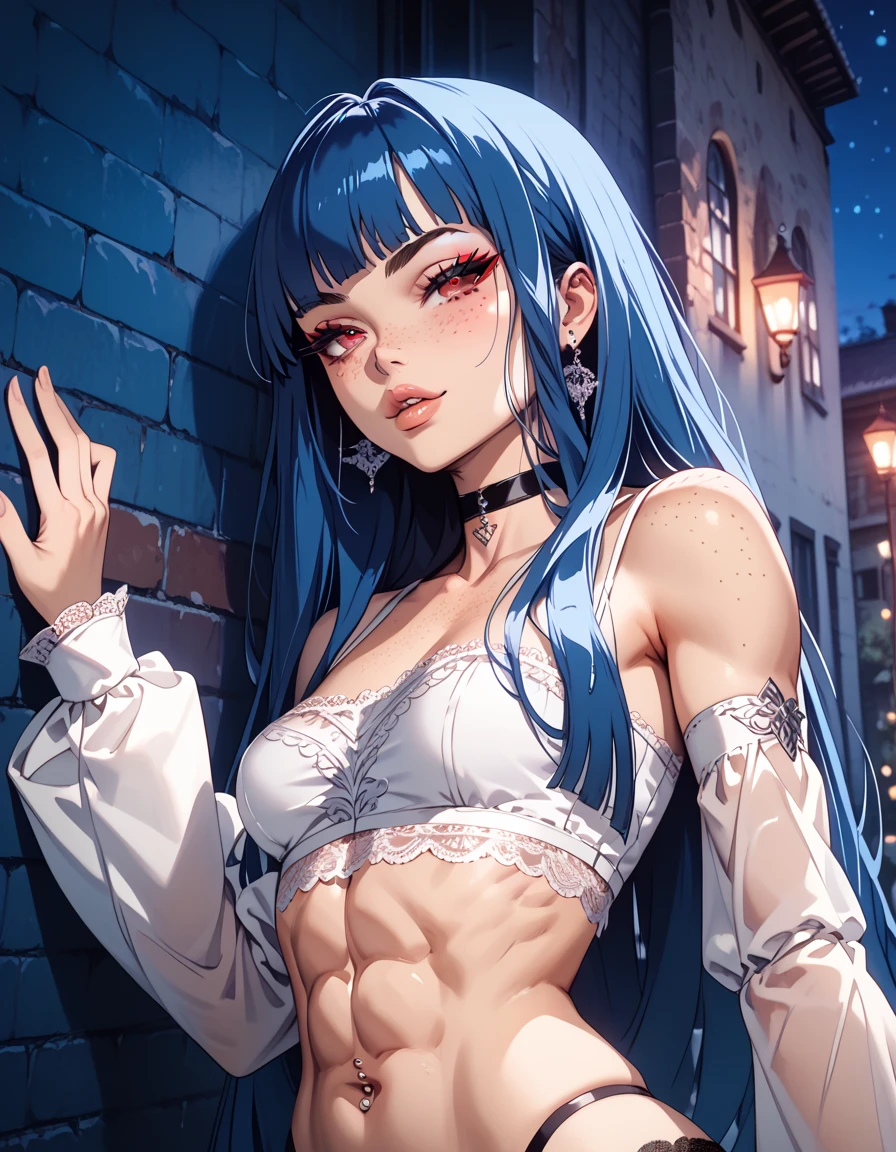 highres, sharp focus, pixiv masterpiece, ((intricate details)), best quality, ultra-detailed, beautiful girl, seductive face, bitting lips, white skin, freckles, long fringe blue hair, detailed red eyes, slanted eyes, big eyelashes, back eyeshadows, wide black eyebrows, small breasts, thin waist, big hips, fit toned figure, abs, bellybutton piercing, white tube crop top, white sleeves, black micro thong, big lace stockings, black choker, leaning on a wall, night time, street
