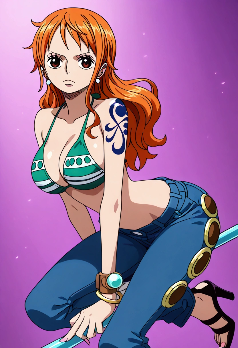 jewelry, swimsuit, bikini, earrings, pants, high heels, bracelet, denim, bikini top only, jeans, tattoo, orange hair, masterpiece, one piece nami,aanami ,,,engages in a fierce fight against pirates, using her staff to summon a powerful whirlwind. Her determined expression highlights her warrior spirit