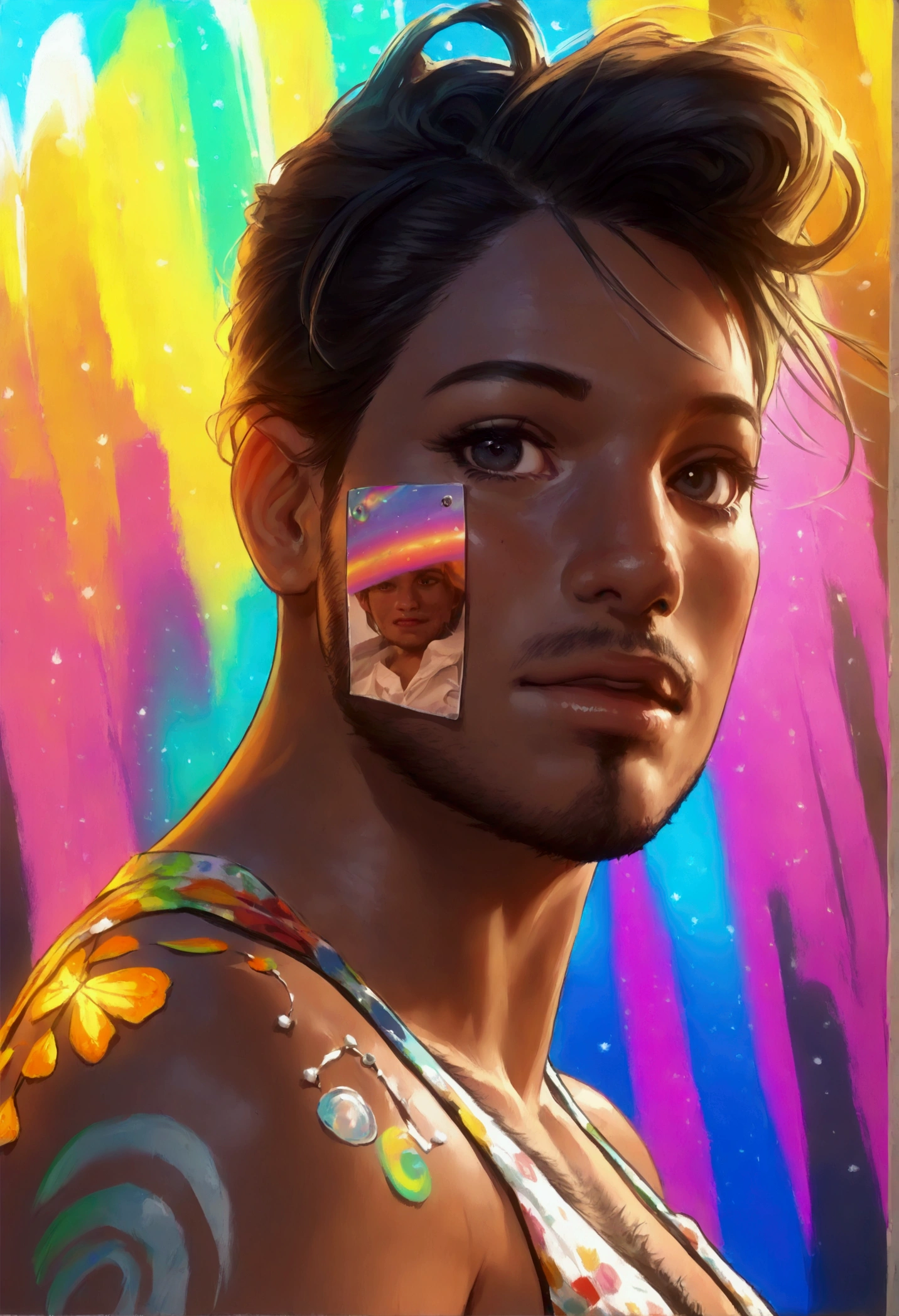 a stocky, hunky man with short stubble, a hairy chest, and dark tan skin, wearing rainbow-colored briefs, (best quality,4k,8k,highres,masterpiece:1.2),ultra-detailed,(realistic,photorealistic,photo-realistic:1.37),portrait,highly detailed face, muscular body, colorful, vibrant colors, dramatic lighting, cinematic