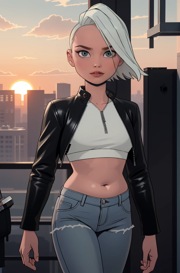 (dark theme:0.6), glucose(big fat body), 1 woman, mature and rough face, wrinkles on the face, cheekbones на лице, cheekbones,  short white hair, sexuality, in a black leather jacket, black leather jacket, black leather jeans, black, figure top-models, Long legs, Tall Growth, height 1,75 м short white hair, haircut-barbershop, straight hair, sunset sun, pomade, decrease, watching the sunset, is located on the roof of the building, turned away from the viewer to the left towards the sun, повернулась налево и watching the sunset, gray eyes,  clear image, crop top, (HDR:1.22), clear drawing, muted colors, complex background, hyper-detailed, art [[Jordan Grimmer]],(clothes that fit your big, fat body size).