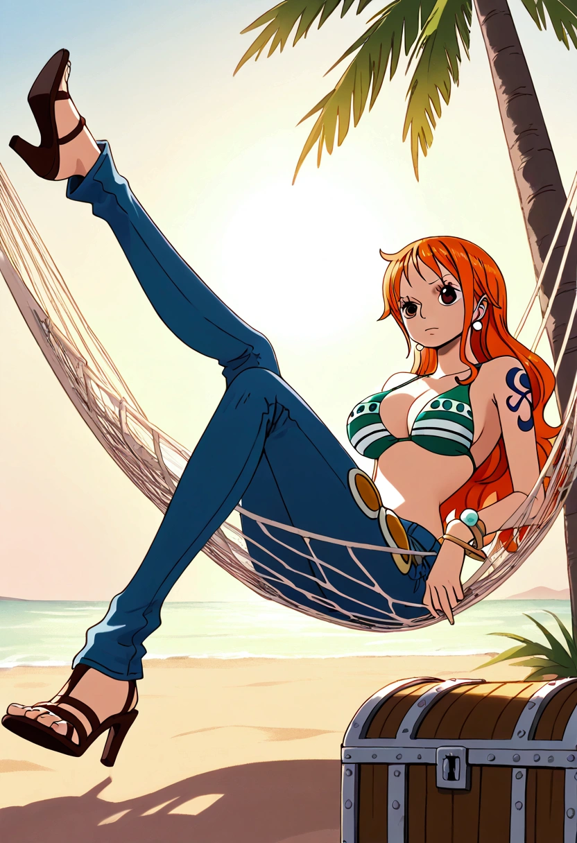 jewelry, swimsuit, bikini, earrings, pants, high heels, bracelet, denim, bikini top only, jeans, tattoo, orange hair, masterpiece, one piece nami,aanami ,,,relaxes on a hammock under a palm tree, wearing a vibrant swimsuit. Her orange hair glows under the golden sunlight, and a treasure chest lies half-buried nearby.