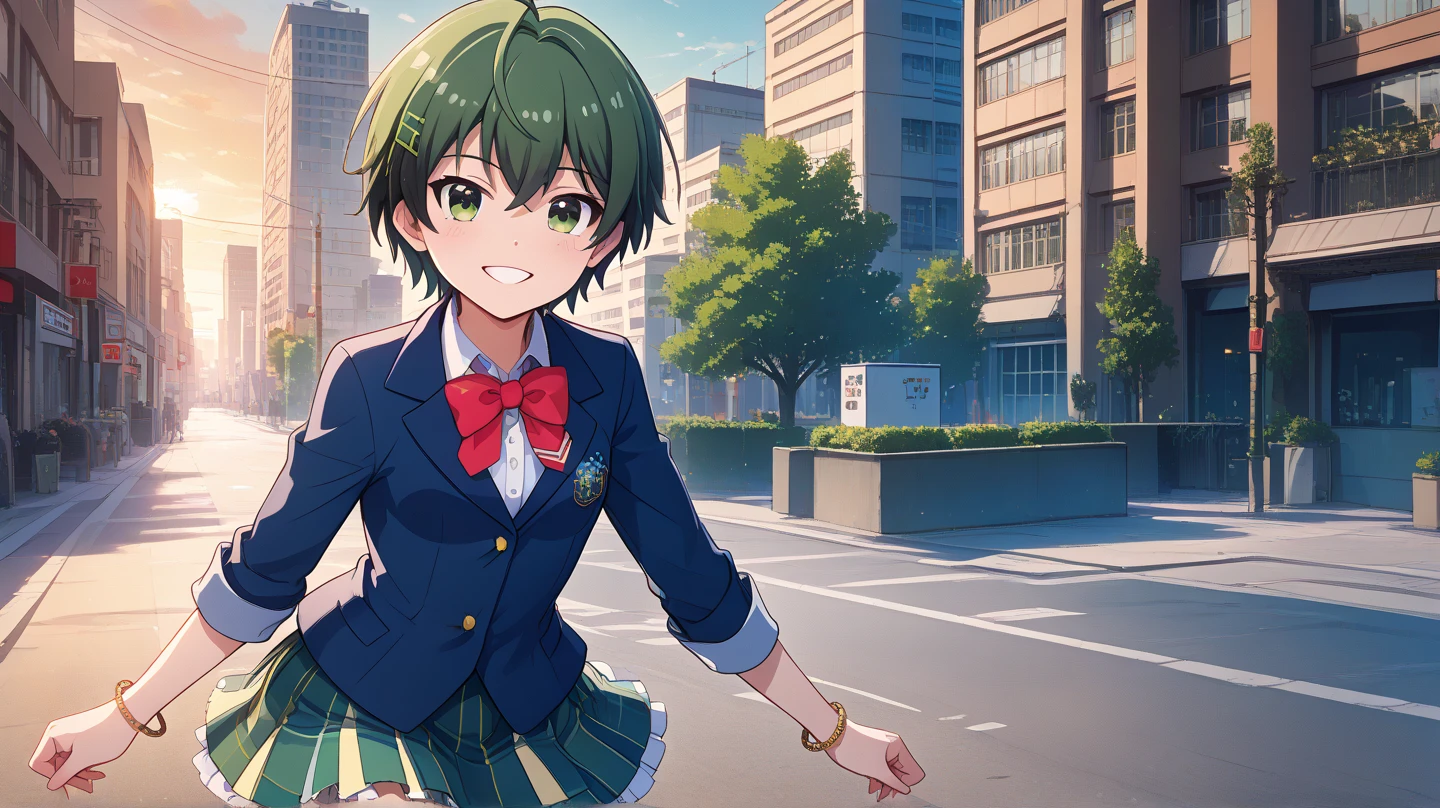 (masterpiece, best quality), highly detailed background, perfect lighting, best quality, batogasubaru, solo, looking at viewer, smile, green hair, ahoge, hair between eyes, hairclip, short hair, green eyes, medium breasts, blue jacket, blazer, red bowtie, sleeves rolled up, bracelet, green skirt, plaid skirt, school uniform, standing, outdoors, Los Angeles (city), building, road, sunrise