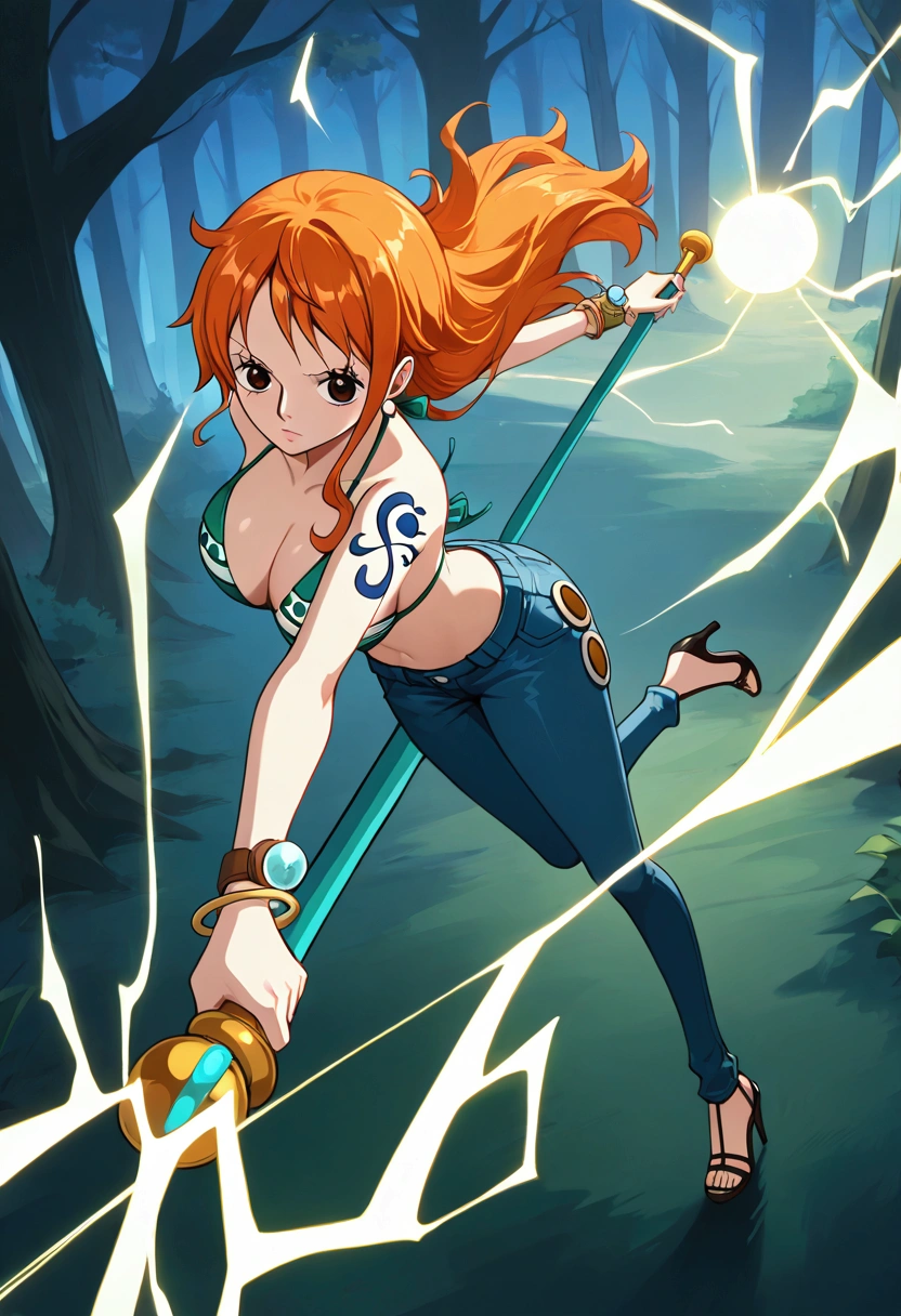 jewelry, swimsuit, bikini, earrings, pants, high heels, bracelet, denim, bikini top only, jeans, tattoo, orange hair, masterpiece, one piece nami,aanami ,,, In a dark forest, Nami wields her staff, casting a lightning spell that illuminates the surroundings. Her expression is fierce and focused, emphasizing her magical prowess.