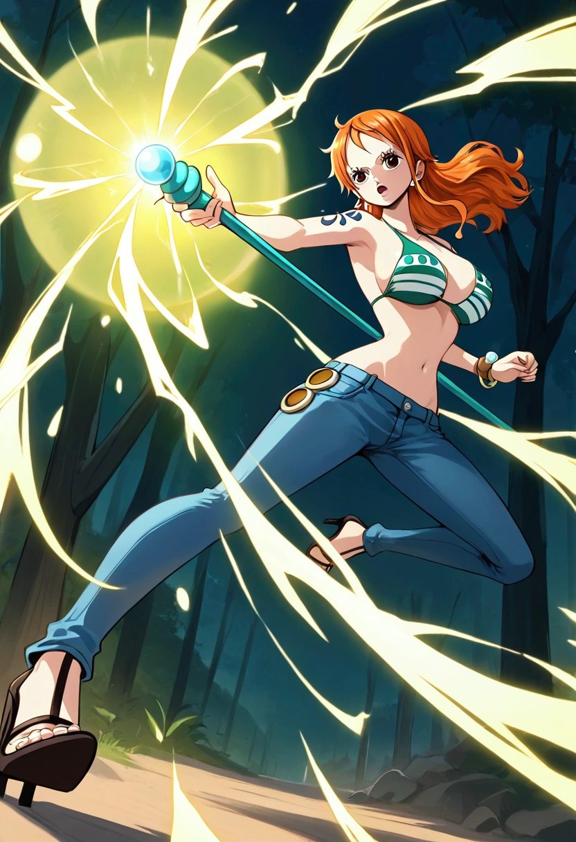 jewelry, swimsuit, bikini, earrings, pants, high heels, bracelet, denim, bikini top only, jeans, tattoo, orange hair, masterpiece, one piece nami,aanami ,,, In a dark forest, Nami wields her staff, casting a lightning spell that illuminates the surroundings. Her expression is fierce and focused, emphasizing her magical prowess.