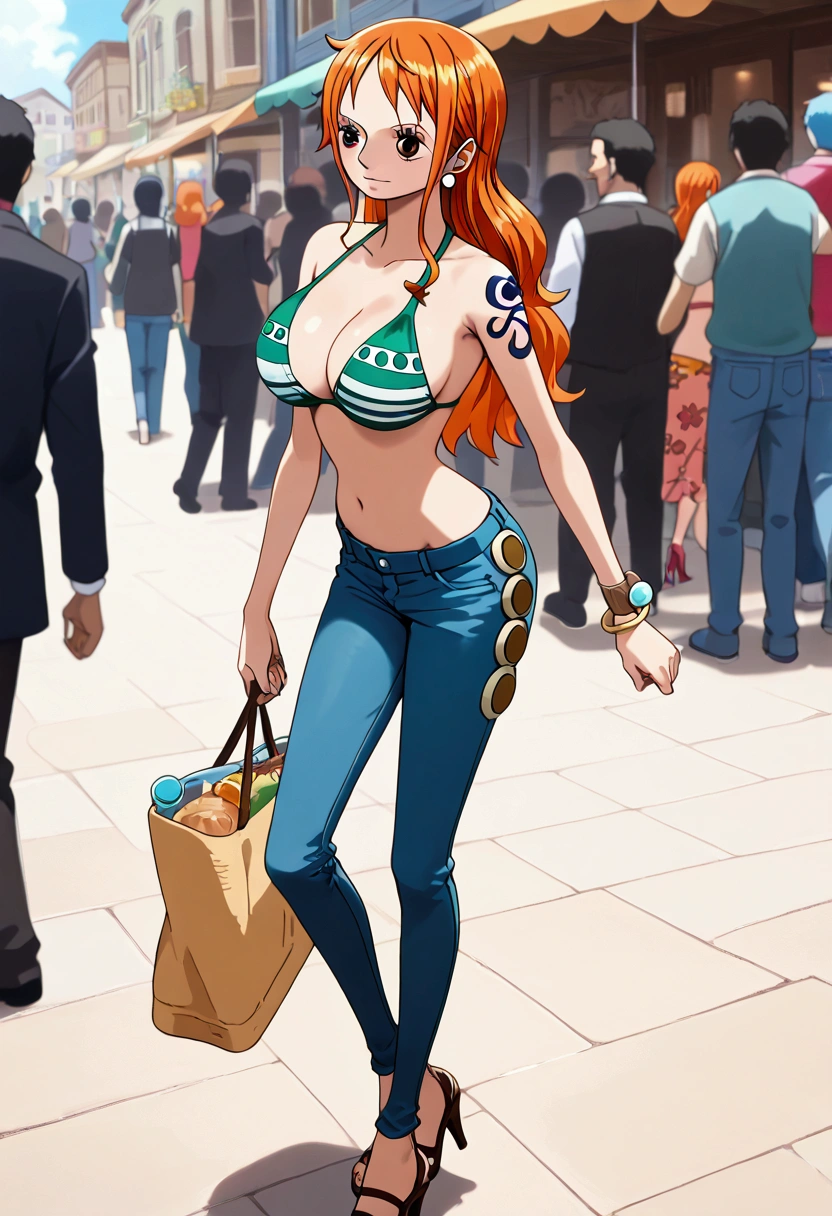 jewelry, swimsuit, bikini, earrings, pants, high heels, bracelet, denim, bikini top only, jeans, tattoo, orange hair, masterpiece, one piece nami,aanami ,,, walks through a bustling market street, carrying a map and a bag of treasures. Her orange hair stands out amidst the colorful stalls and lively crowd.