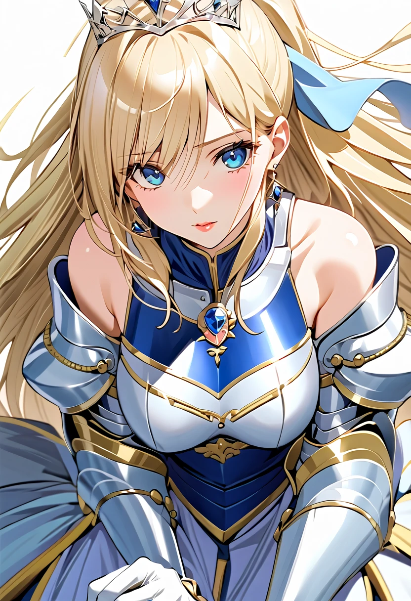 ((masterpiece)),  top quality ,  very detailed,( one girl), Knight Princess , Celia Kumani Aintree long hair,  blondes,   hair accessories, Blue Eyes,  ponytail,  hair tube,  dress, Dark Blue,  dress,  gloves, [Bare shoulders,   jewelry,  clevis on a stone,  princess, elbow  gloves, tiara ,brooch,white  gloves、 adult female 、thin、 very beautiful、 beautiful faces、(((Blue and silver armor、breastplate、 gauntlet、Shin guards、 shiny armor:1.2)))、 gold earrings、Golden Hair, Blue Eyes,  pink lips,  shot by a cowboy 