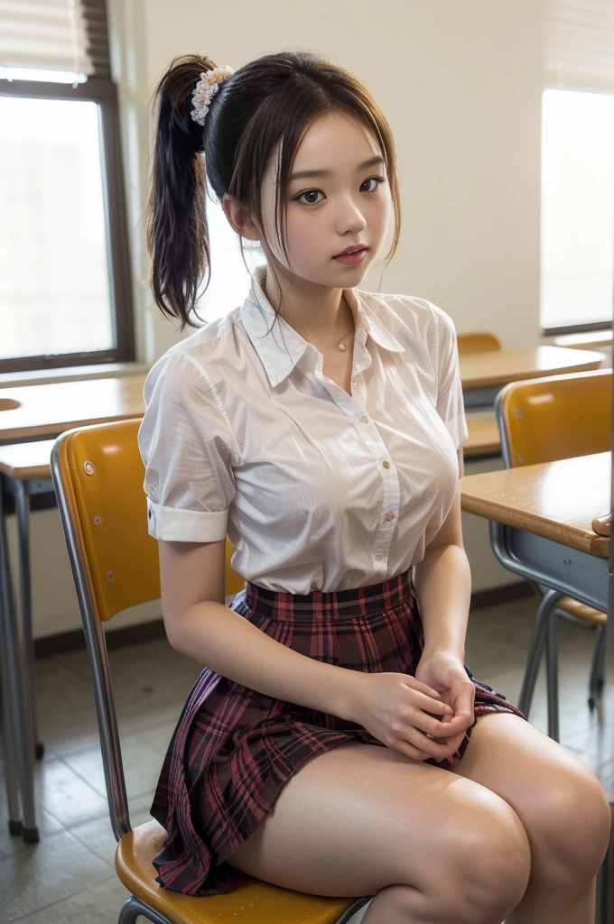 (best quality, masterpiece, 16k, ultra detailed, beautiful skin, professional lighting) A girl,、｛(highschool uniform,Wearing white dress shirt, light red checkered Pleated skirt,middle breasts 、cowboy shot,)}、(18-years-old,short ponytail hair ,high school of class room),(((sitting posies))),(((Pleated skirt)))