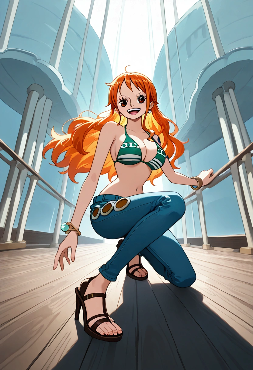 jewelry, swimsuit, bikini, earrings, pants, high heels, bracelet, denim, bikini top only, jeans, tattoo, orange hair, masterpiece, one piece nami,aanami,smile, open mouth,,,, stands at the bow of a ship, her orange hair glowing in the light of the setting sun. She gazes at the horizon, a mix of hope and determination in her eyes.