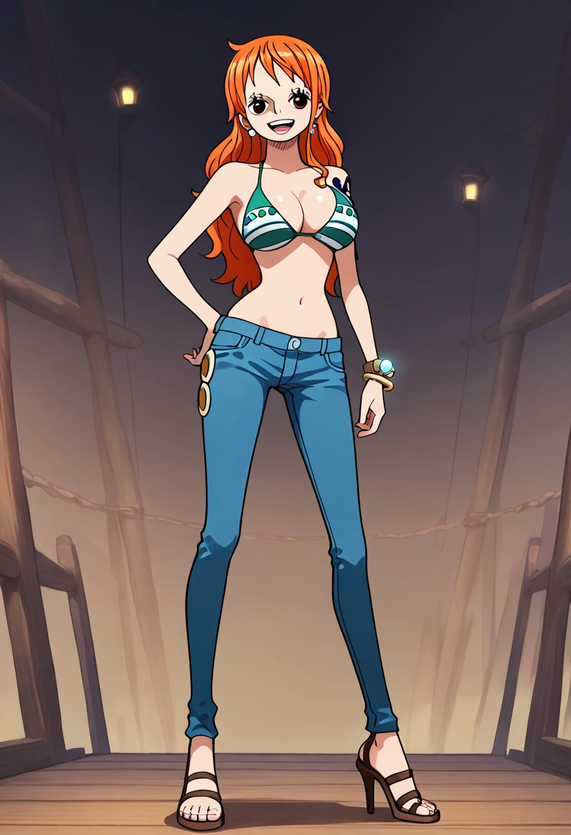 jewelry, swimsuit, bikini, earrings, pants, high heels, bracelet, denim, bikini top only, jeans, tattoo, orange hair, masterpiece, one piece nami,aanami,smile, open mouth,,,, stands at the bow of a ship, her orange hair glowing in the light of the setting sun. She gazes at the horizon, a mix of hope and determination in her eyes.