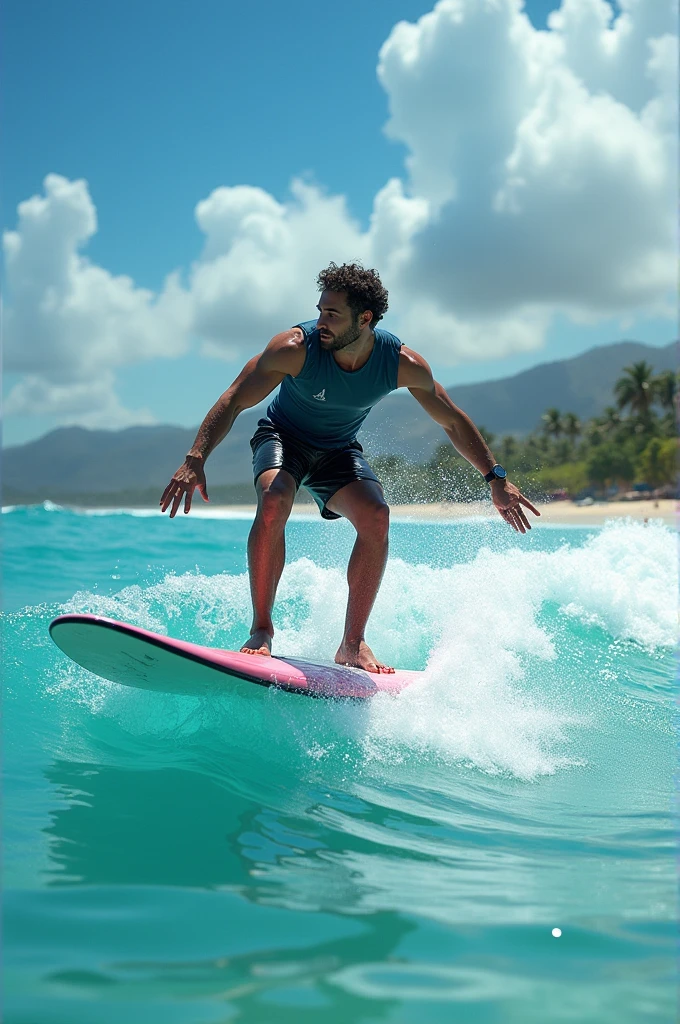 Disney style, High Quality, (anthropomorphic mens pig), (Hold aside Surfboard),tanned skin, (surf style fashion),Beach background