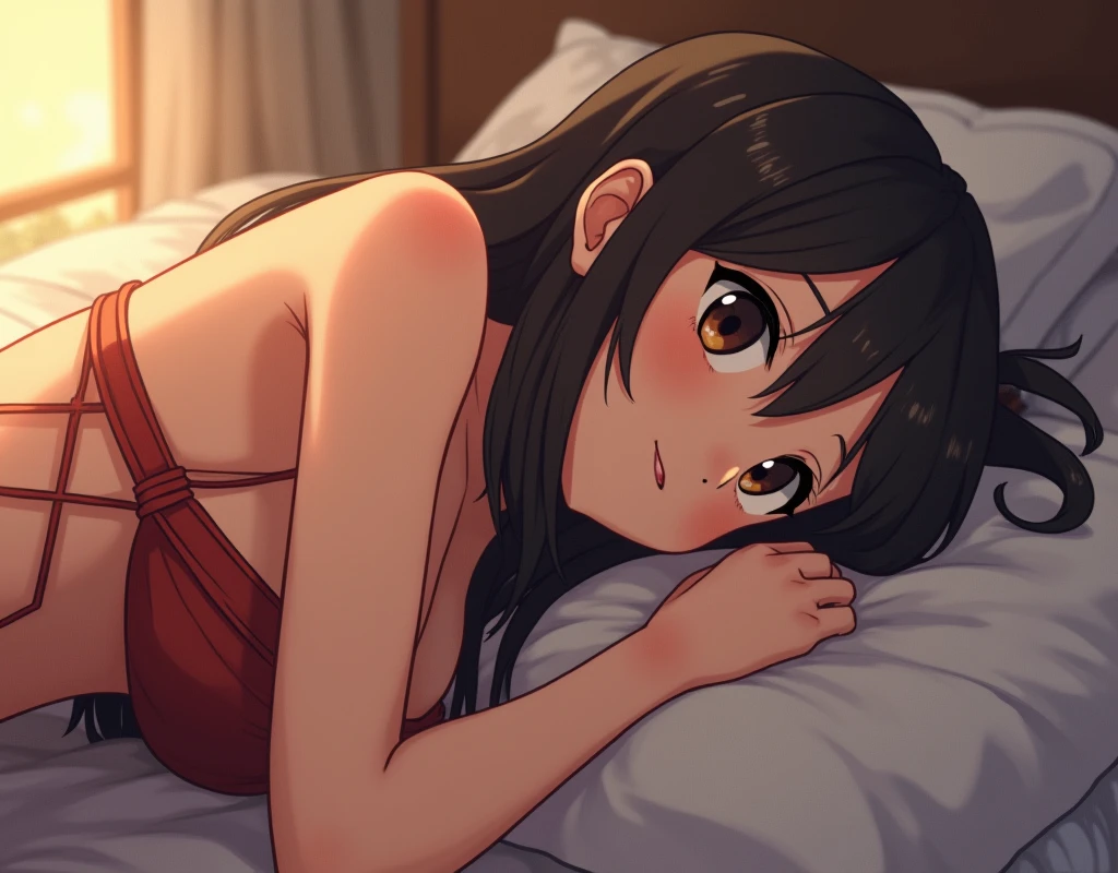 ​masterpiece、top-quality、hightquality:1.4、masutepiece, Best Quality, 1girl in, nagatoro,  Black hair, blush, Cute eyes, Cute, Lying, on the beds,See-through negligee、Lace panties、NSFW