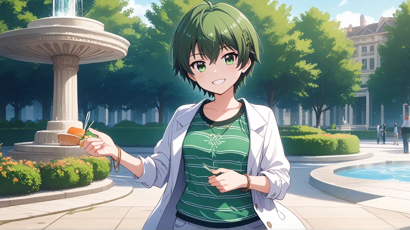 (masterpiece, best quality), highly detailed background, perfect lighting, best quality, batogasubaru, solo, looking at viewer, smile, green hair, ahoge, hair between eyes, hairclip, short hair, green eyes, medium breasts, white jacket, long sleeves, sleeve rolled up, open jacket, green shirt, t-shirt, striped shirt, bracelet, white pants, standing, outdoors, park, fountain, day